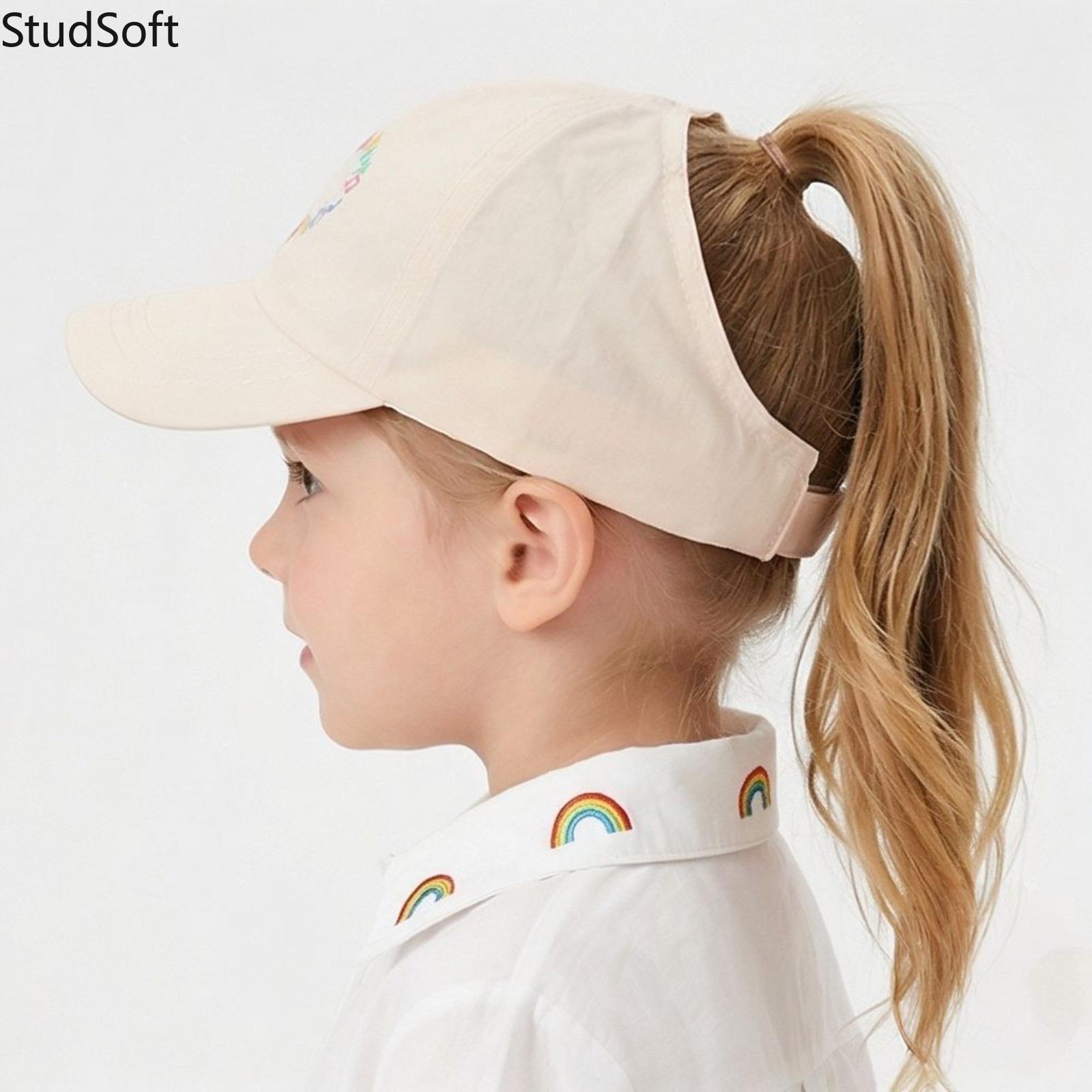 Kids' Cotton Ponytail Baseball Cap with Embroidered Music Note & Heart, Adjustable for Outdoor Casual Sports Wear, Embroidered Adjustable Caps