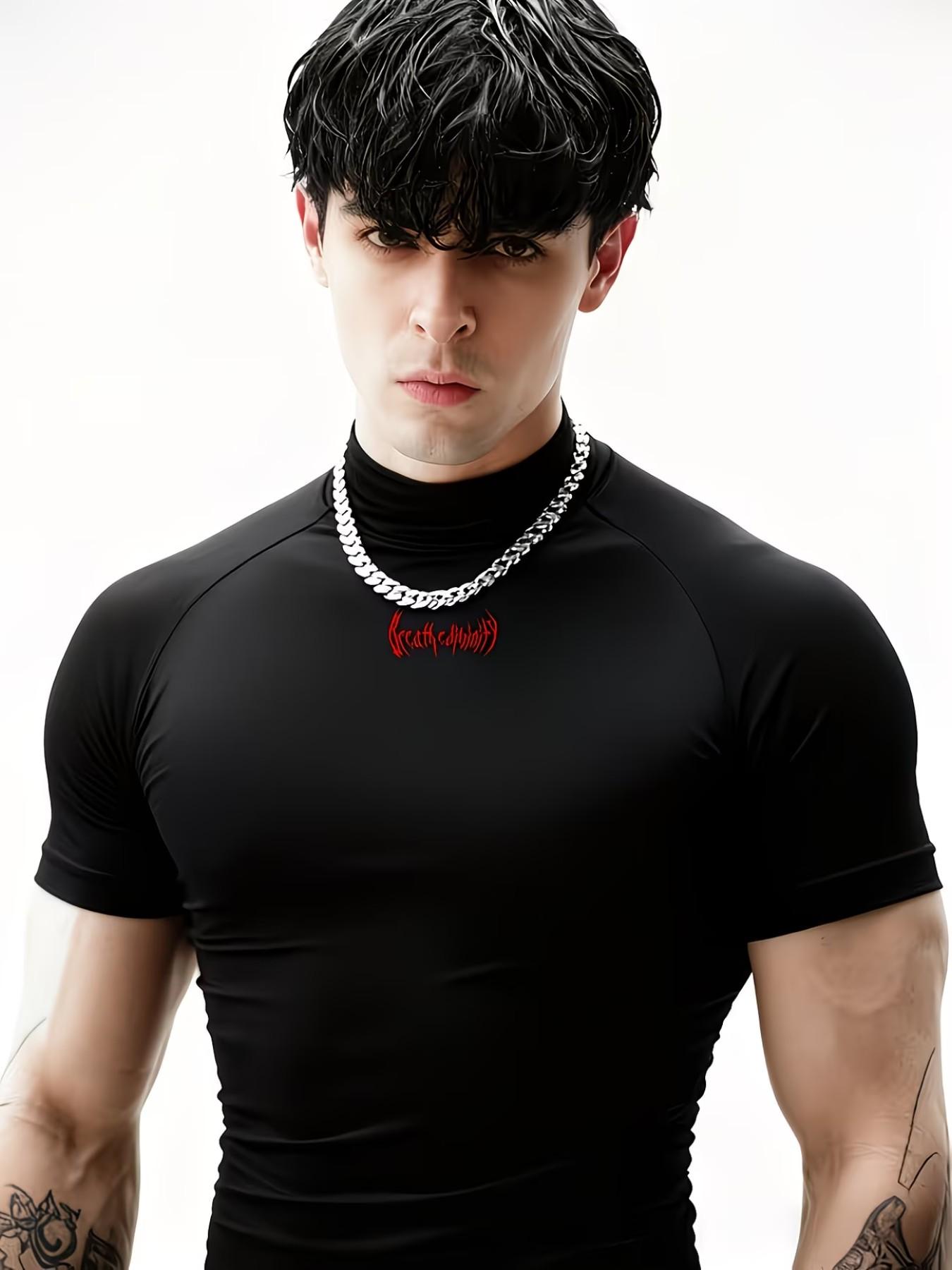 Men's Thorn Print High Neck Tight Fit Short Sleeve Gym Quick Dry Elastic Training Top, Sporty Casual Bottoms, All Seasons Wear