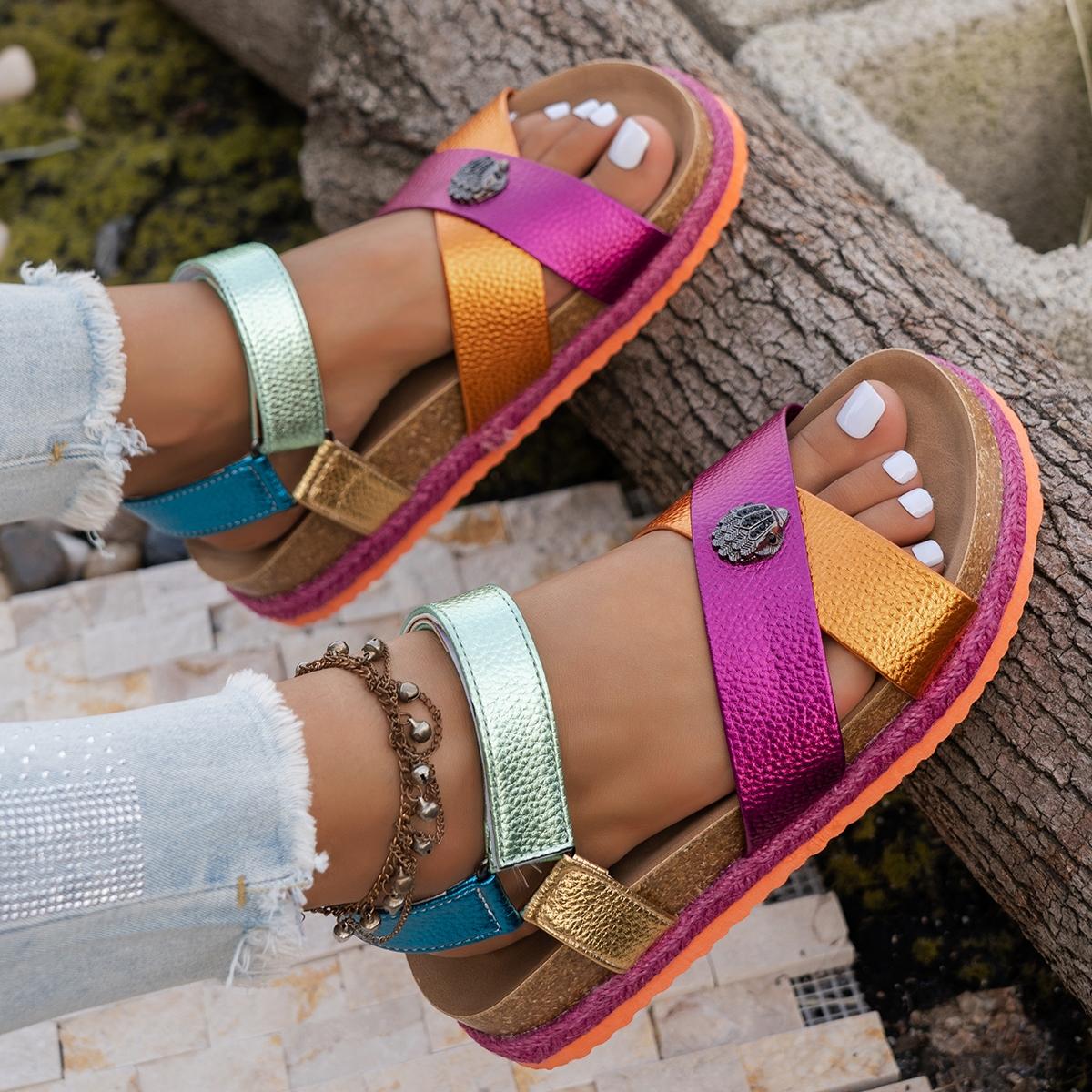 Dopamine flip-flops, multicolored metal accents, thick-soled woven edges, velcro-fastened casual beach shoes, Summer