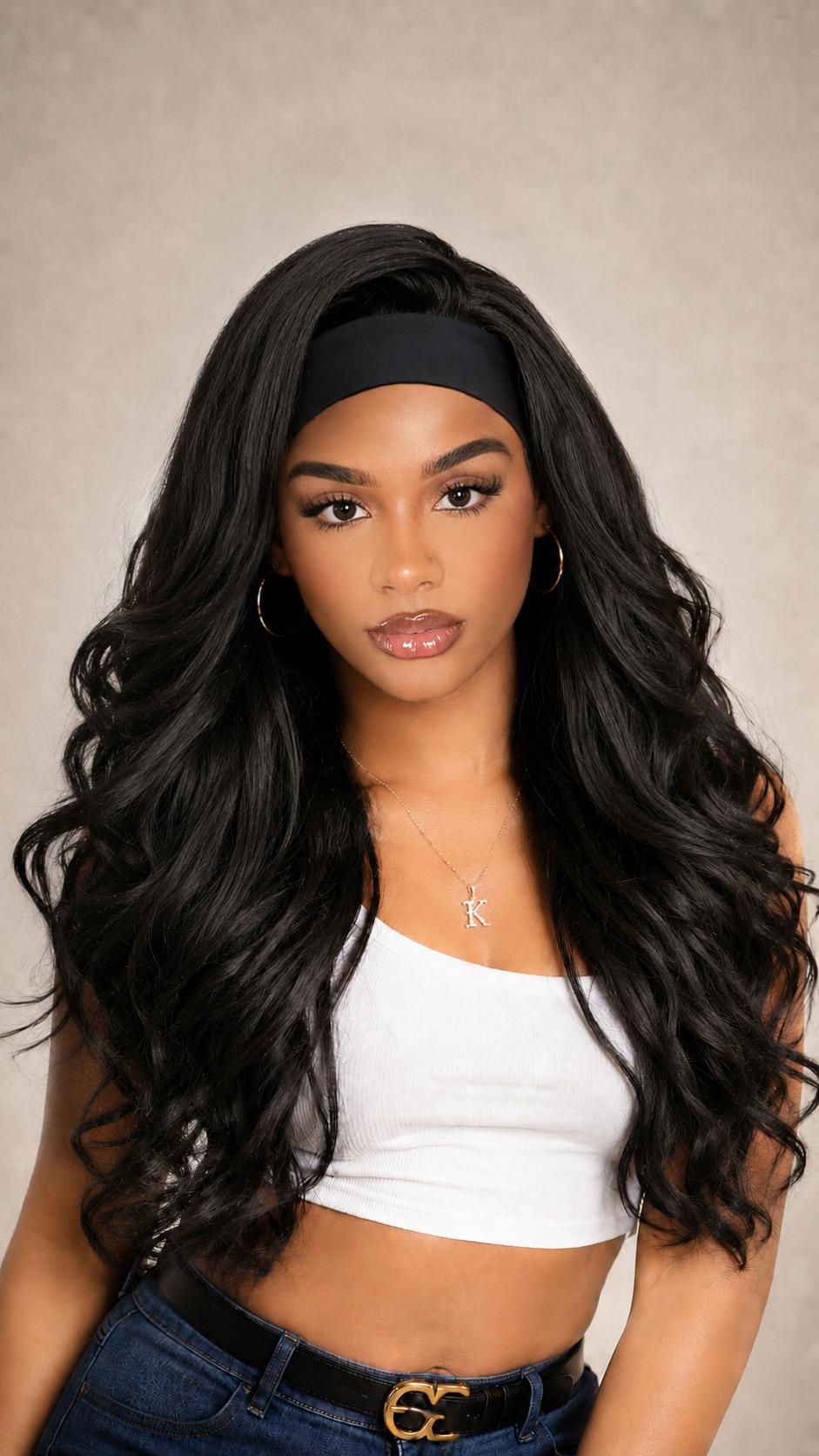 Yaki Body Wave Headband Wig for Women, Synthetic Fiber Wigs Curly Wavy 26 Inch Long Kinky Straight, Glueless Lightweight, Heat Resistant, Daily Use