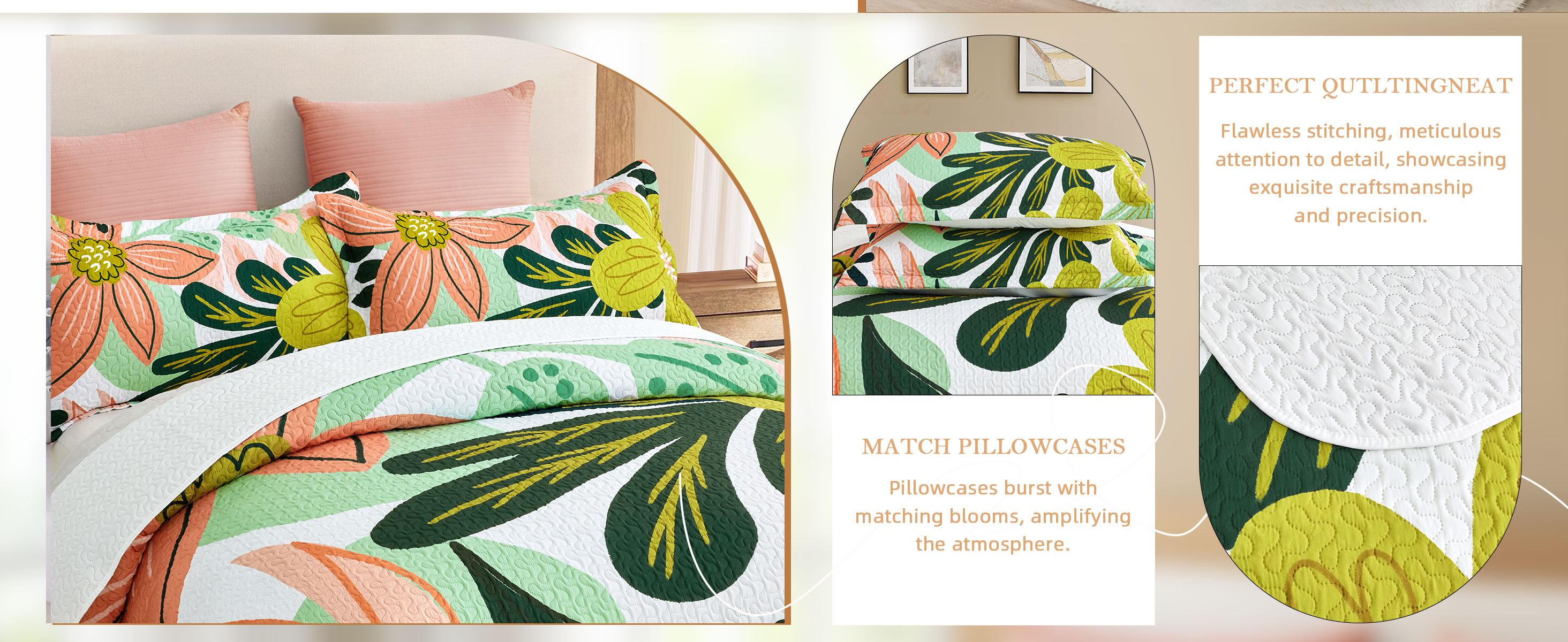 Tyrot 3 Piece Boho Floral Quilt Sets Farmhouse Botanical Reversible Lightweight Bedspread Coverlet with 2 Shams Mid Century Leaves Microfiber Bedding Quilts Set for All Season summerwins