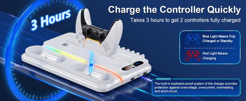 Ponkor PS5 Cooling and Charging Dock, Compatible with PlayStation 5 Standard, Slim and Pro Consoles (Disc & Digital), Featuring Dual PS5 Controller Charger, Adjustable 3-Speed Cooling Fan, 8 Modes Dynamic RGB Lighting, Headset Hook & 3 USB Hubs