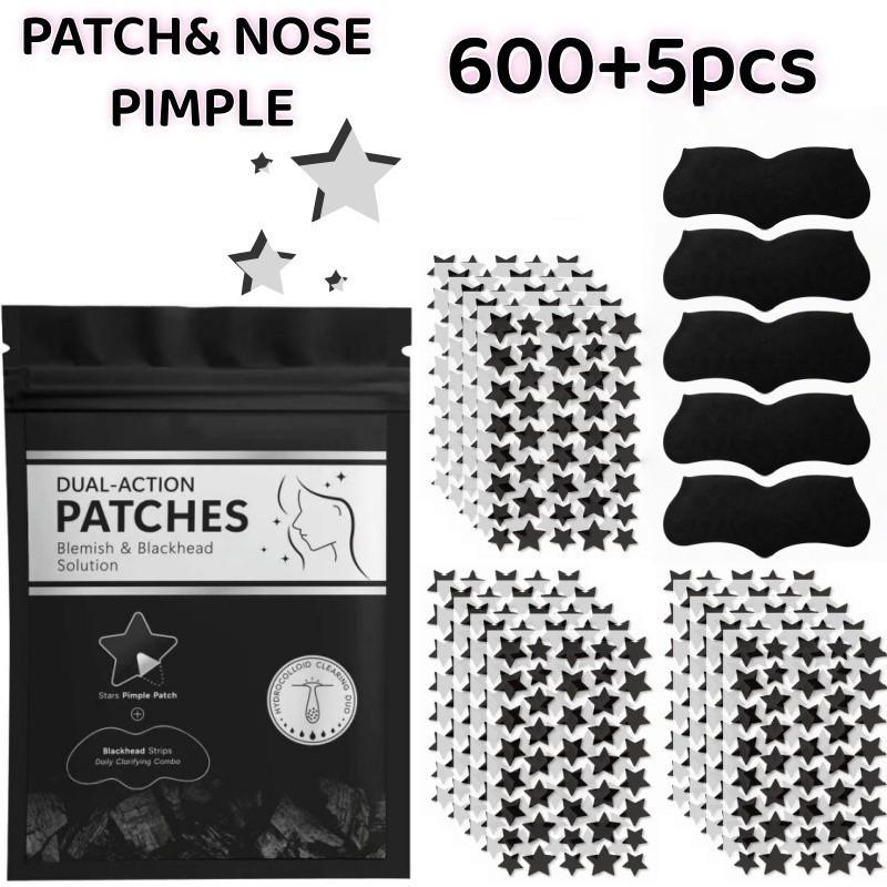 600+5Pcs Black and White Star Hydrocolloid Pimple Patches and Black Nose Strips, 2-in-1 Large Facial Blemish Cover Set for Halloween Parties, Music Festivals and Photo Styling, Acne Patches, Acne Patches For Face