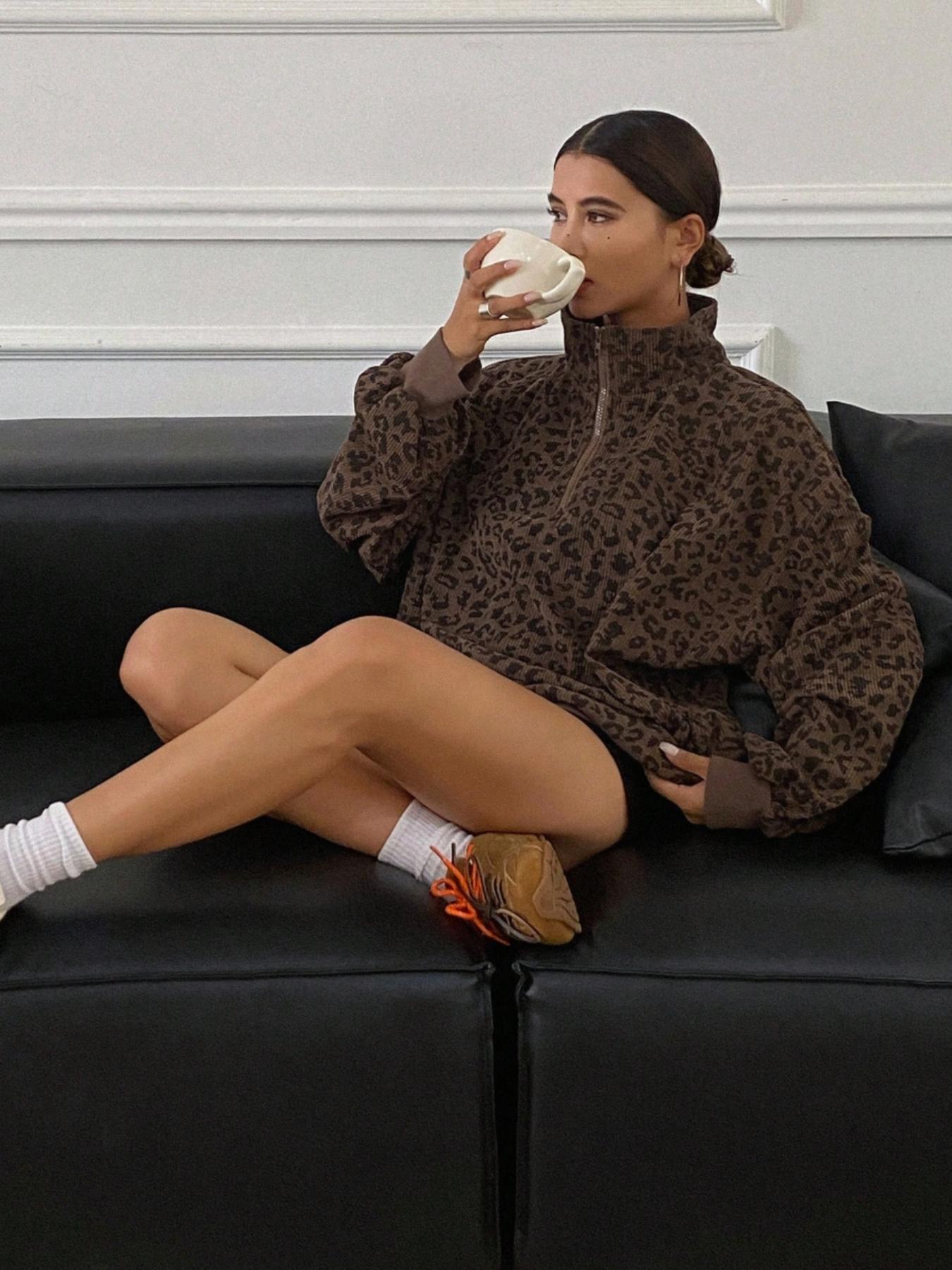 Women's 2pcs Set  Casual Zip Up Front Long Sleeve Leopard Print Sweatshirt,Fall Clothes