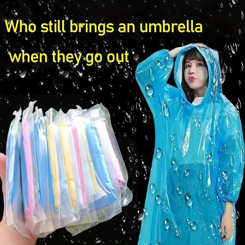 4pcs Universal Compressed Waterproof Rainproof Hooded Outdoor Raincoat, High-Quality Pe Material, Portable Pocket Design, Ideal for Hiking/camping/fishing, Windproof Solid Color, Random Colors, Adult Emergency Rain Gear