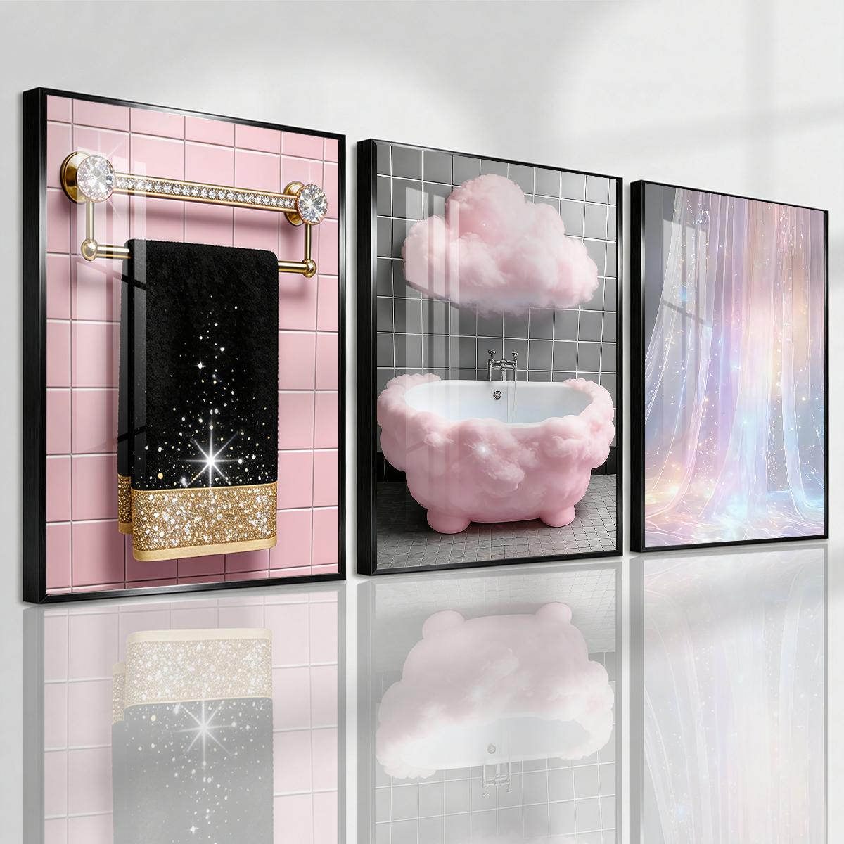 3 Counts Aluminum Alloy Framed Painting, Sparkling Bathroom Luxury Cloud And Curtain Art Pictures, Home Decoration For Living Room, Bedroom, Office, Restaurant, Hallway Wall Decor, Odorless Print Artwork, Luxury Perfect Gift For Friends And Family