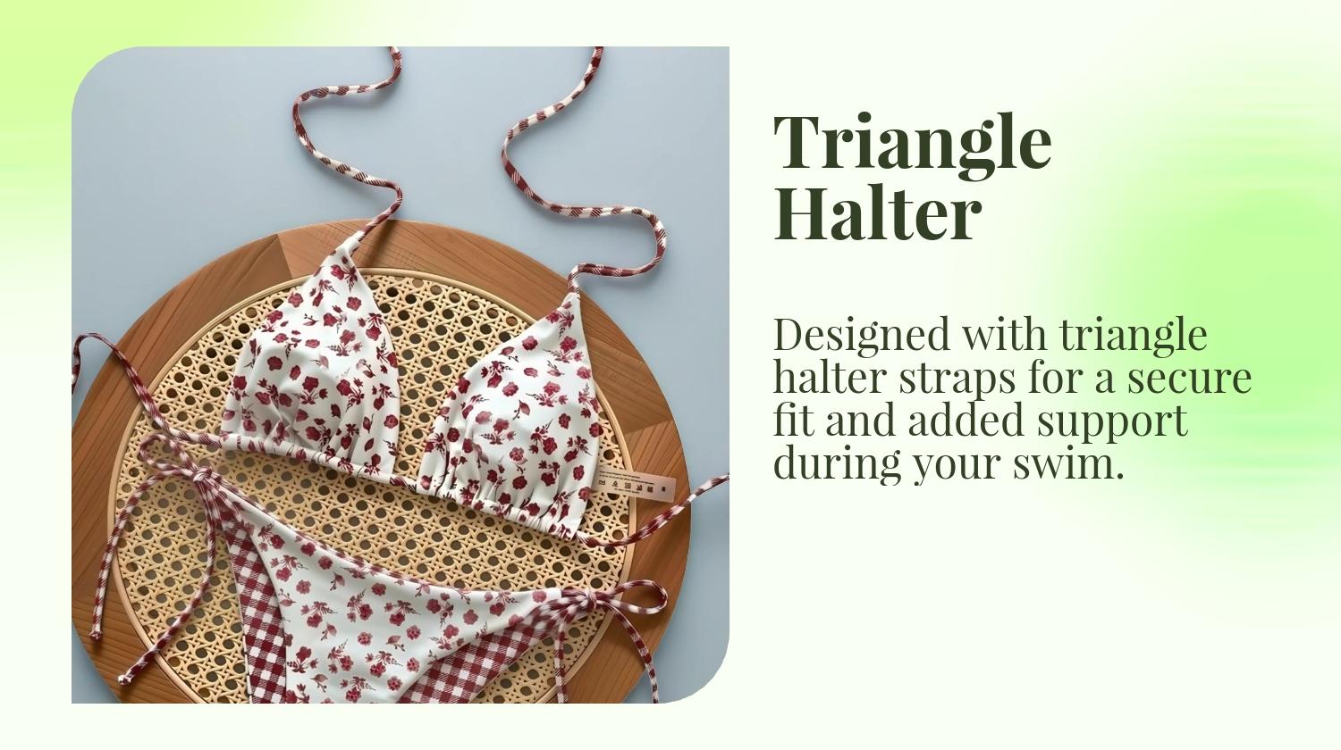 New Women's Summer Swimwear Two-Piece Set, Random Floral and Plaid Print, Triangle Halter High Stretch Bikini, Beach Vacation Swimsuit