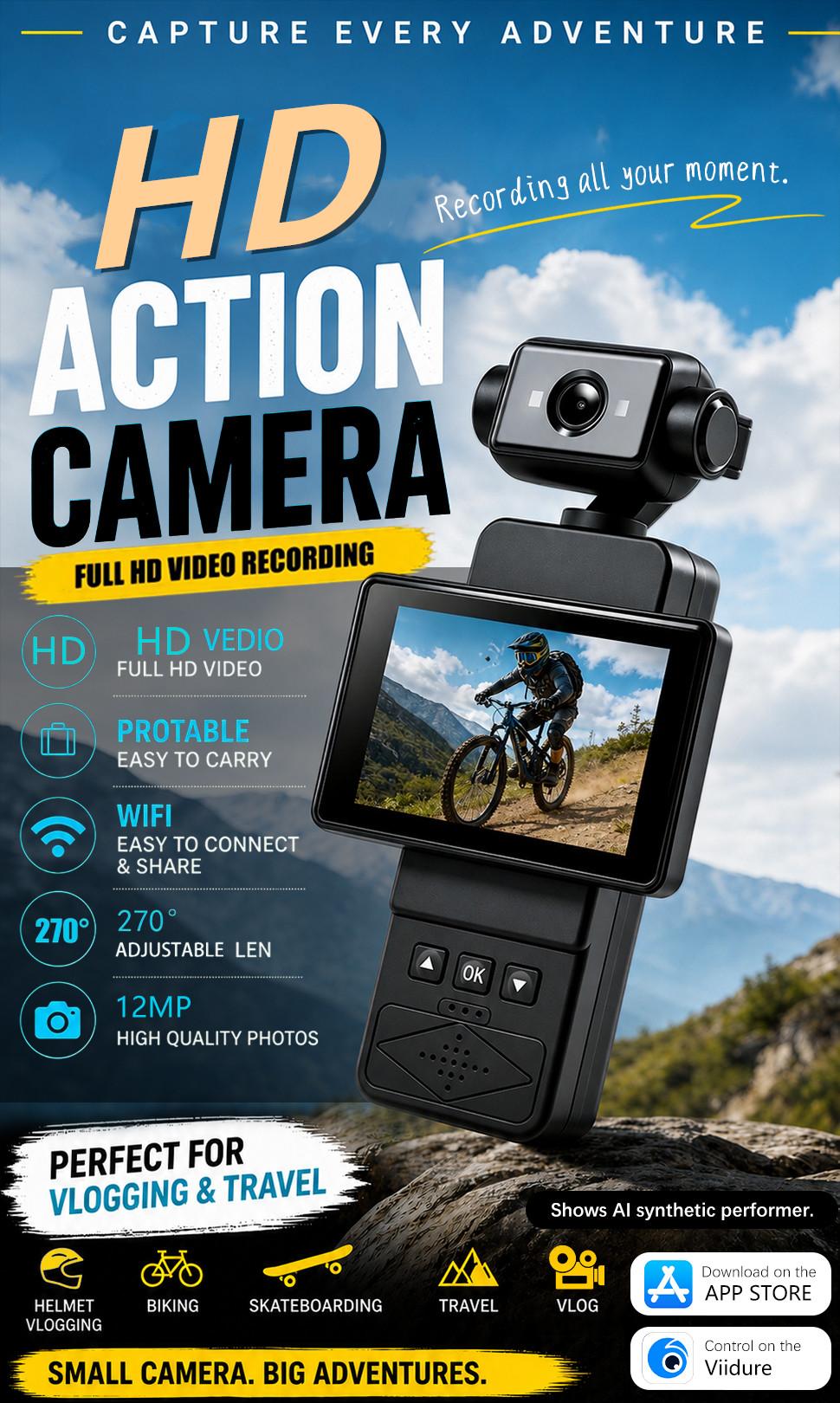 Action Camera, Back Clip Hands Free Wearing, Wearable Action Cam, 270° Rotatable Camera Lens, 90° Adjustable Screen,Loop Auto Overwrite Recording, HD  Clear Photo Shot, For Pet Walking  Cycling , Portable Vlog Cam