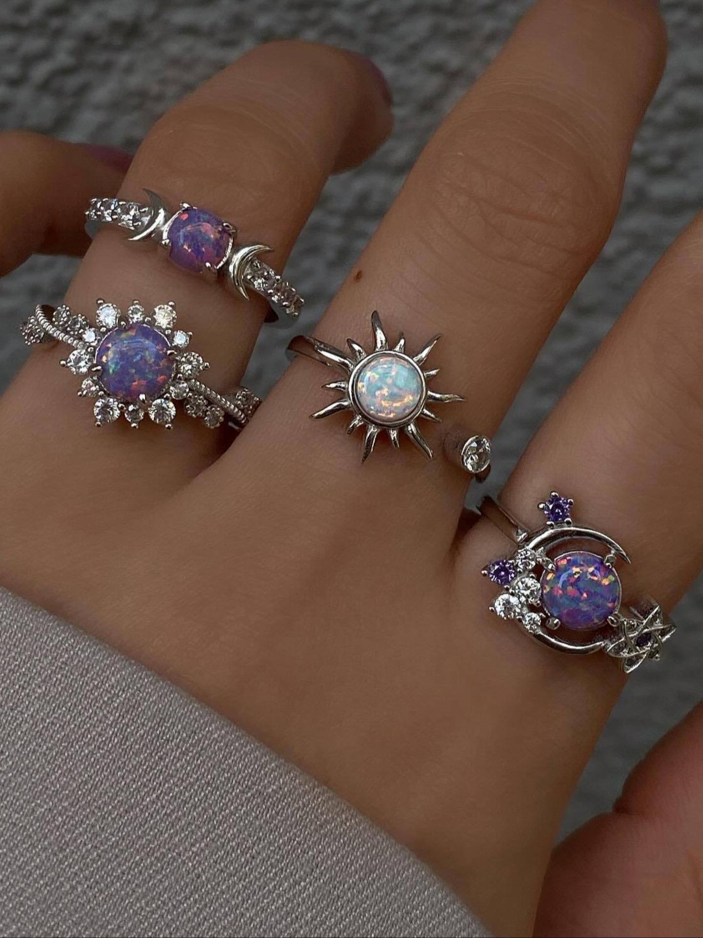 Fashionable Gemstone Ring Set, Sun Moon Diamond Accent Luxury Geometric Rings, High-End Style Jewelry for Women