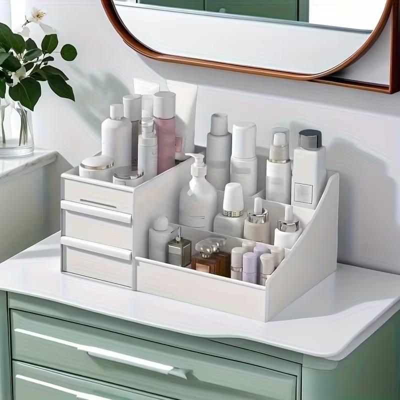 New Luxury Makeup Organizer Box, Desktop Storage for Cosmetics, Dust-Proof Vanity Tray, Elegant Cosmetic Holder, Modern Design