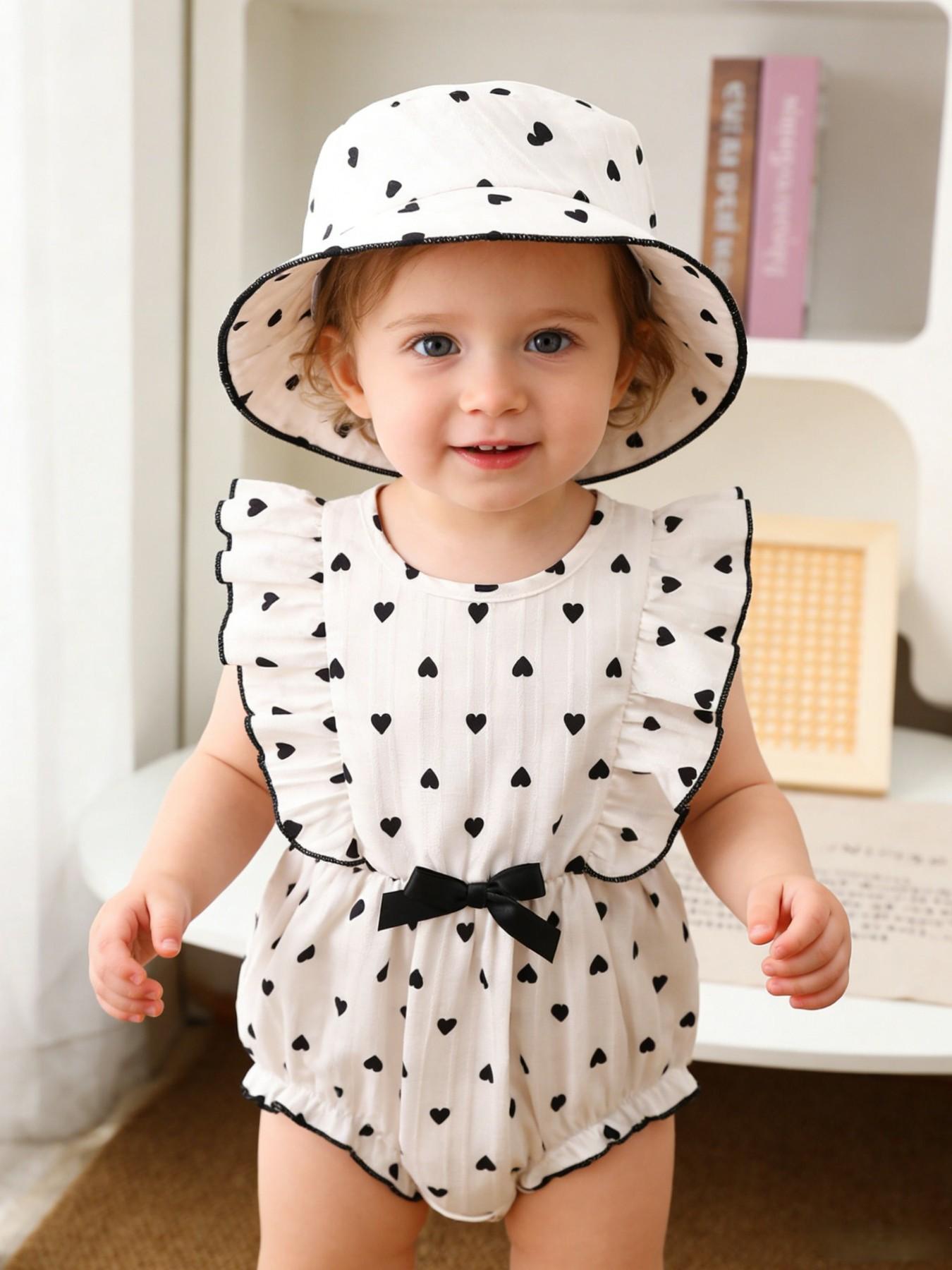 Baby Girl Summer Sleeveless Jumpsuit with Hat, Heart Print, Cute Round Neck Ruffle, Perfect for Outdoor, Festival, Daily Wear