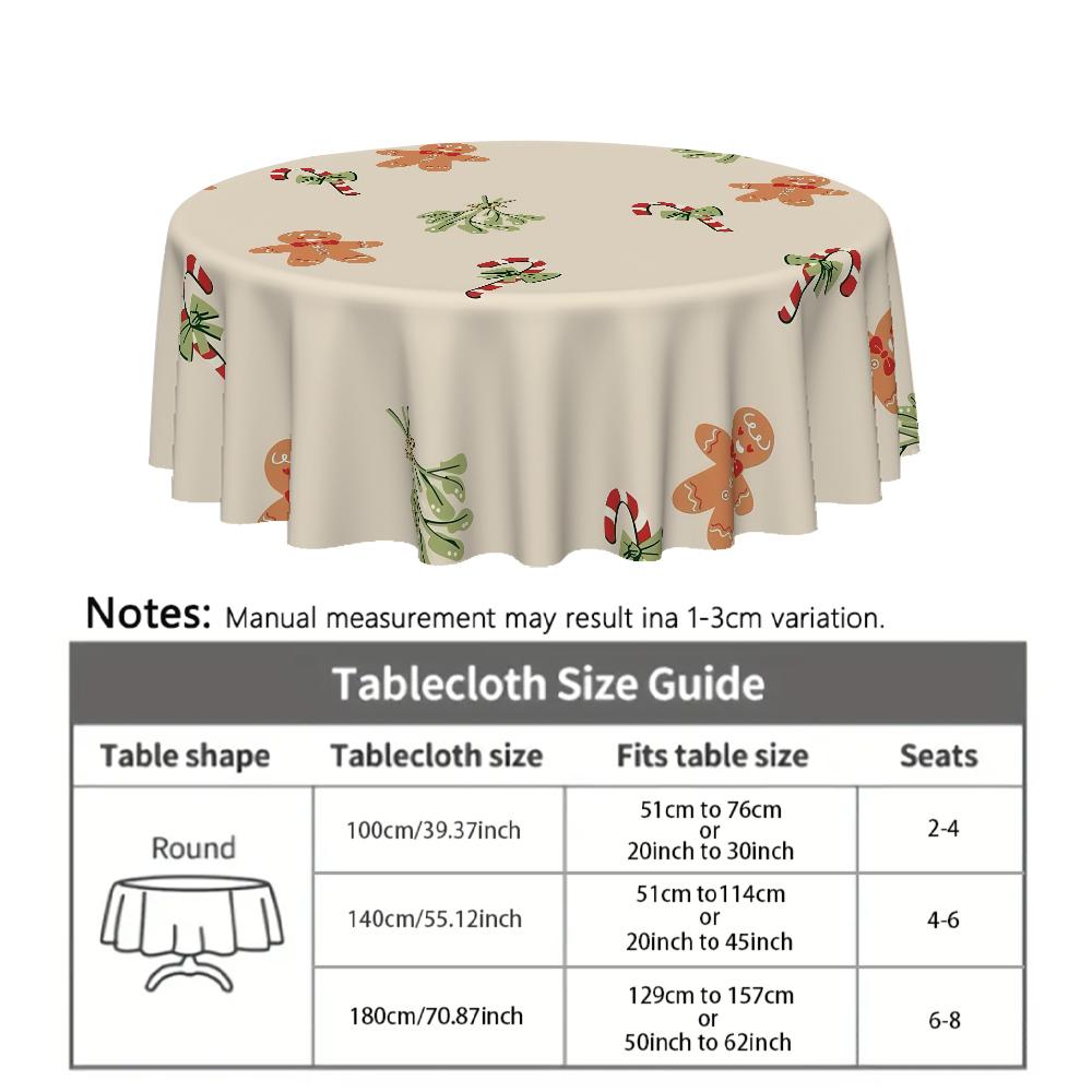 Christmas Gingerbread Man Tablecloth, 2D Flat Print, Polyester, 120g/m², Round, Kitchen Restaurant Decor, Party Gift, Hotel Home Use
