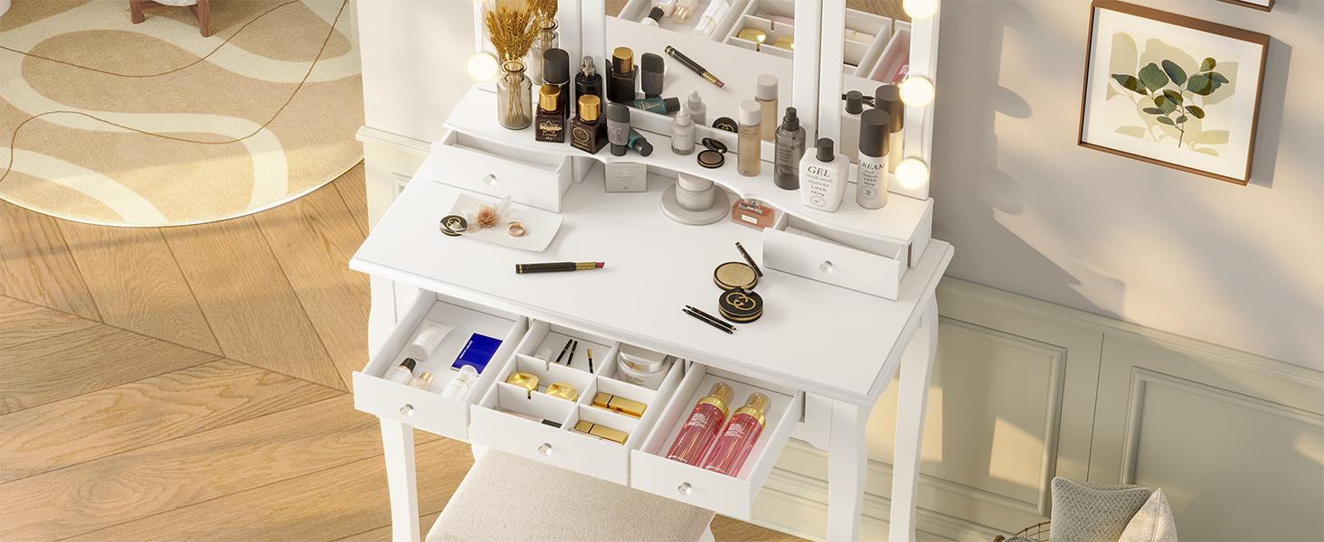 Sikaic Makeup Vanity with Lighted Mirror and Stool, Vanity Table Set with 5 Drawers, 3 Light Settings, White Furniture Bedroom