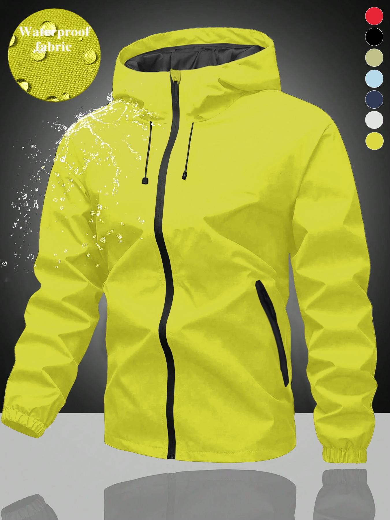 Unisex Plain Waterproof Windproof Drawstring Zip Up Hooded Jacket, Casual Long Sleeve Zipper Pocket Design Outerwear for Outdoor Activities, Men's Clothes for All Seasons, Menswear, Coats