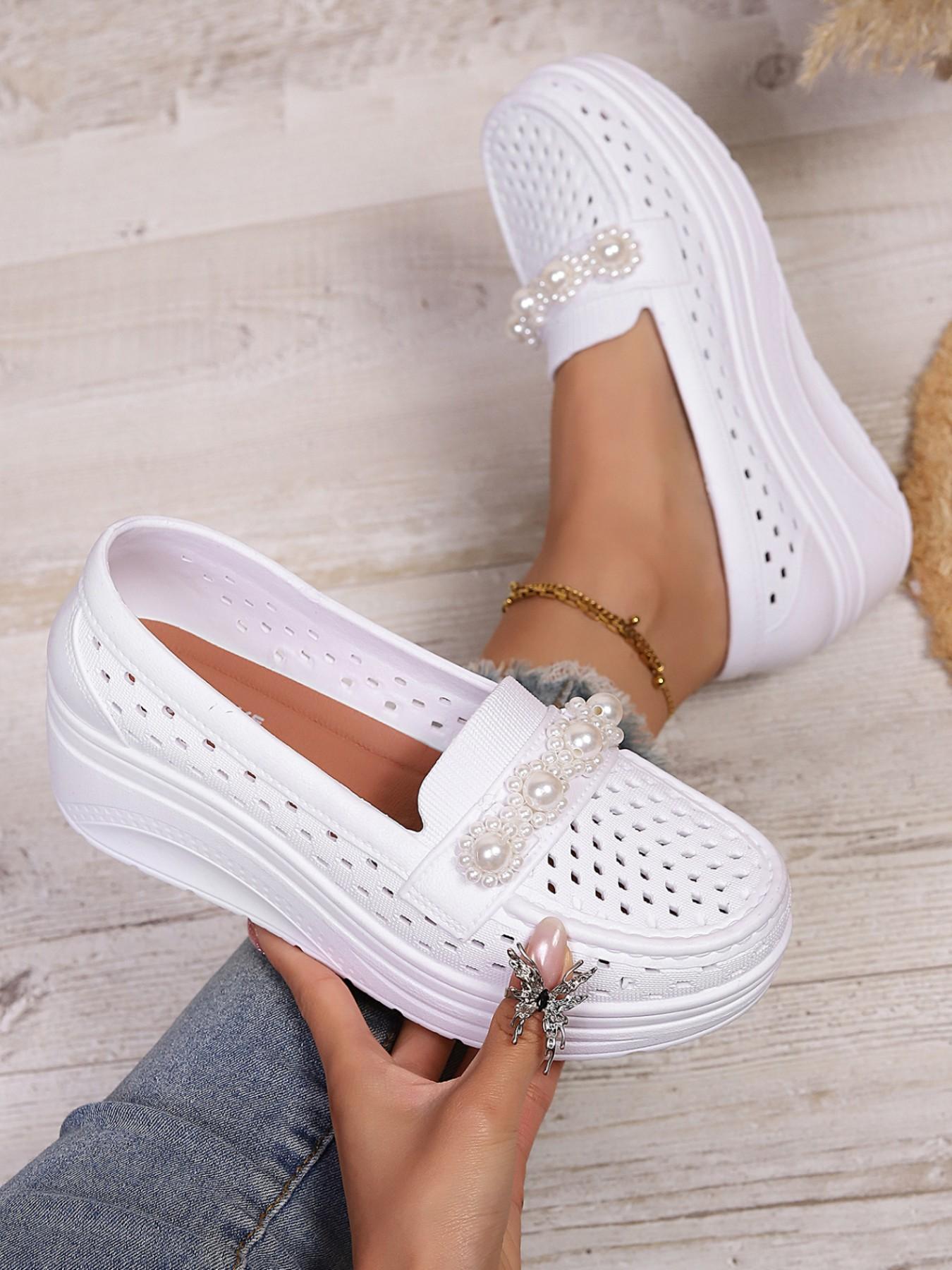 Summer New Metal Buckle, Bowknot, Pearl Decorative Hollow Out Breathable Platform Shoes, Thick Sole Heeled Loafers, Slip-On Lazy Shoes