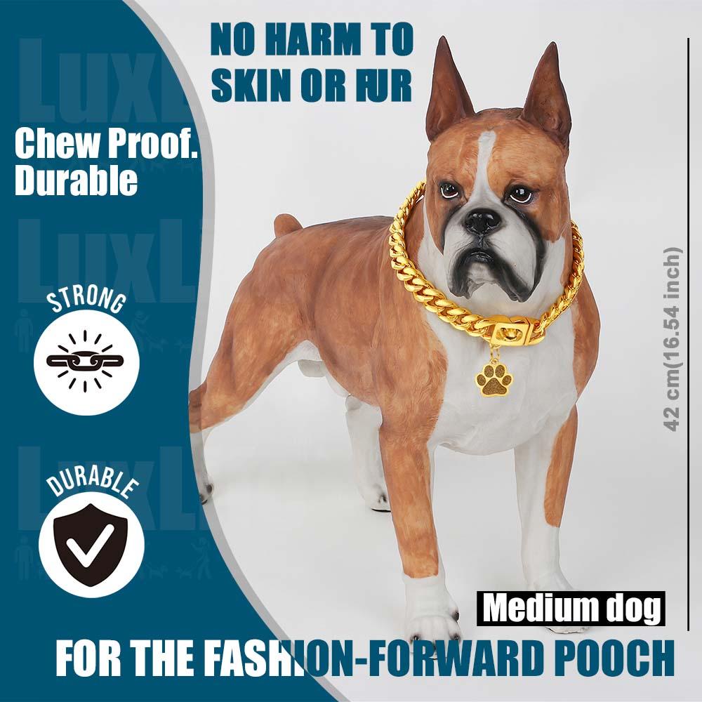 Cuban Link Dog Collar Gold Dog Collar 16mm Dog Chain Collars with Snap Buckle 18K Gold Miami Stainless Steel Metal Collars for Puppy Small Medium Large Dogs with Dog tag & Bell