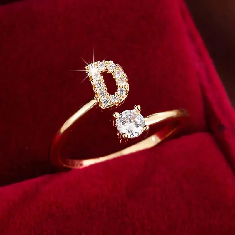 Exquisite Trendy Minimalist Adjustable Initial Letter Zircon Crystal Artificial Gemstone Ring - 26-Letter Band, Unisex Fashion Rings, Anniversary Gift for Him, Adult Jewelry Accessory for Everyday Wear