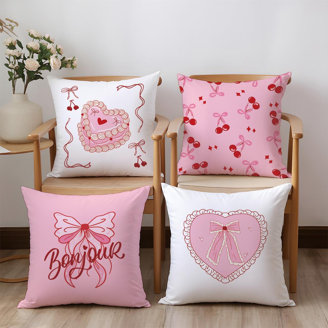 4pcs Cute Bow Cherry Illustration Pillow Covers, Single-Sided Print, Simple Home Decor for Living Room Bedroom, No Insert Included