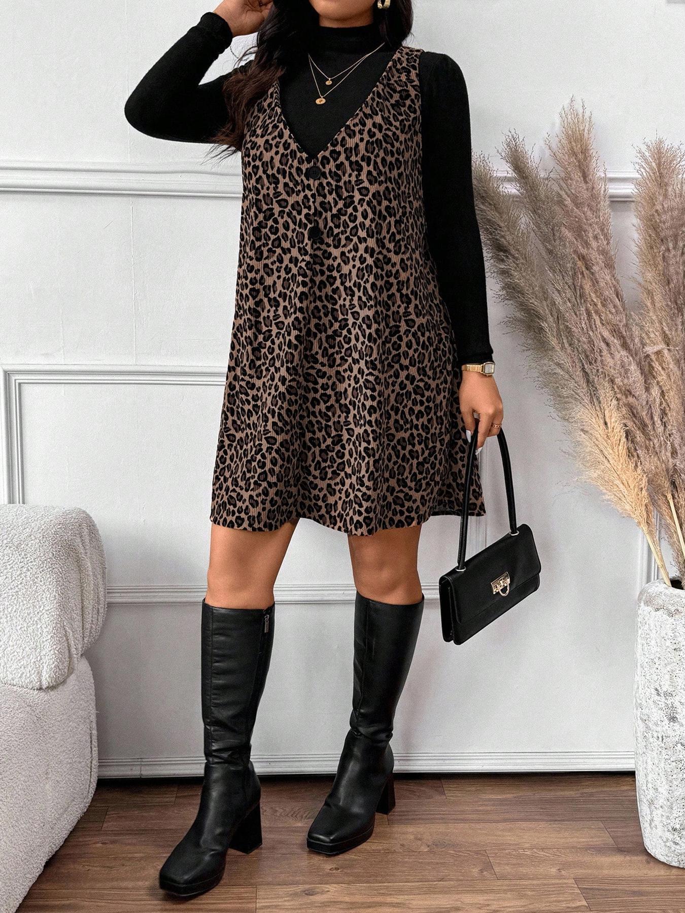 Women's High Neck Inner Layer + Leopard Print Strap Skirt Set, Casual Daily Spring Autumn Commuter, Two-Piece Ensemble Outfit