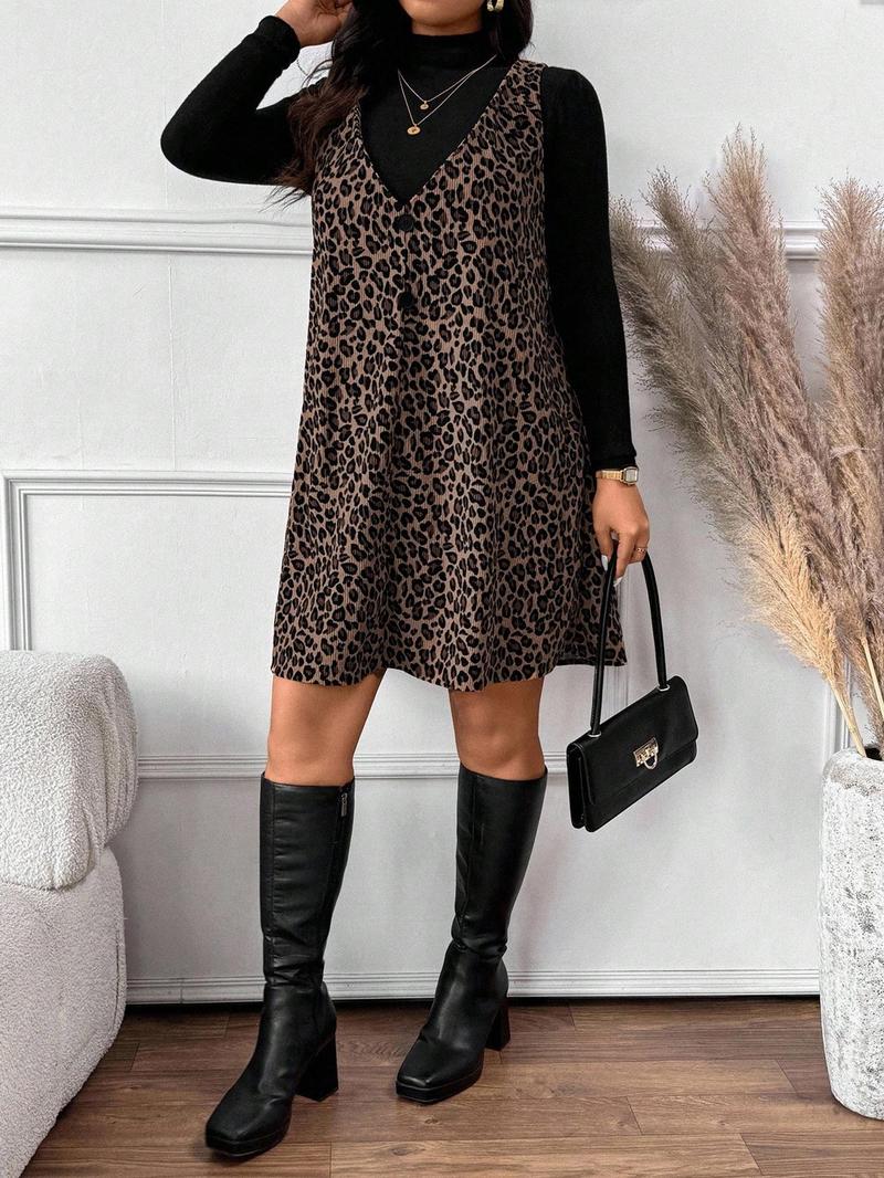 Valentine's Day Women's High Neck Inner Layer + Leopard Print Strap Skirt Set, Casual Daily Spring Autumn Commuter, Two-Piece Ensemble