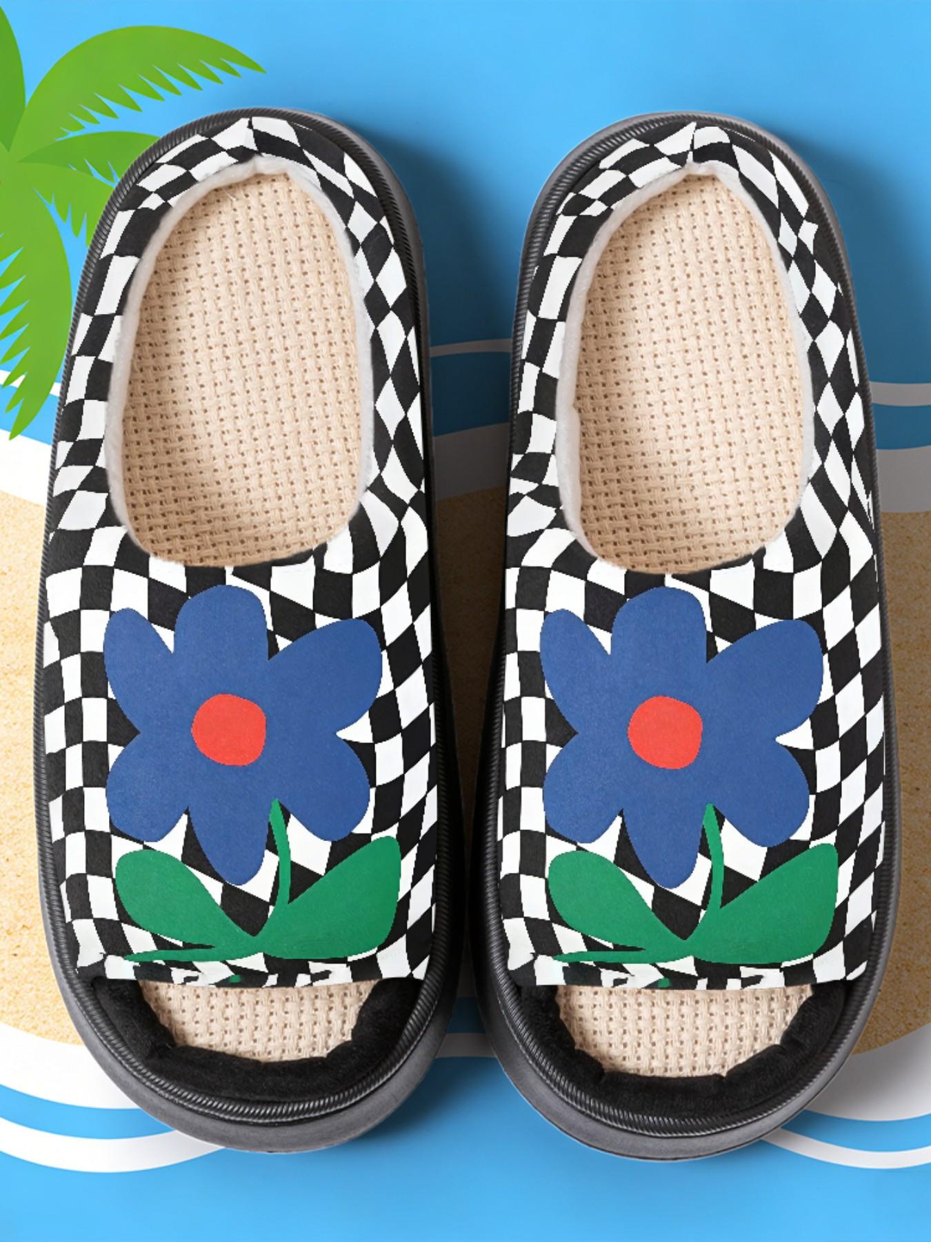 Blue Floral Unique Print Linen Open-Toe Sandals, Casual Textile Eva Sole, All-Season Less Than Ankle Height, Cartoon Pattern Design