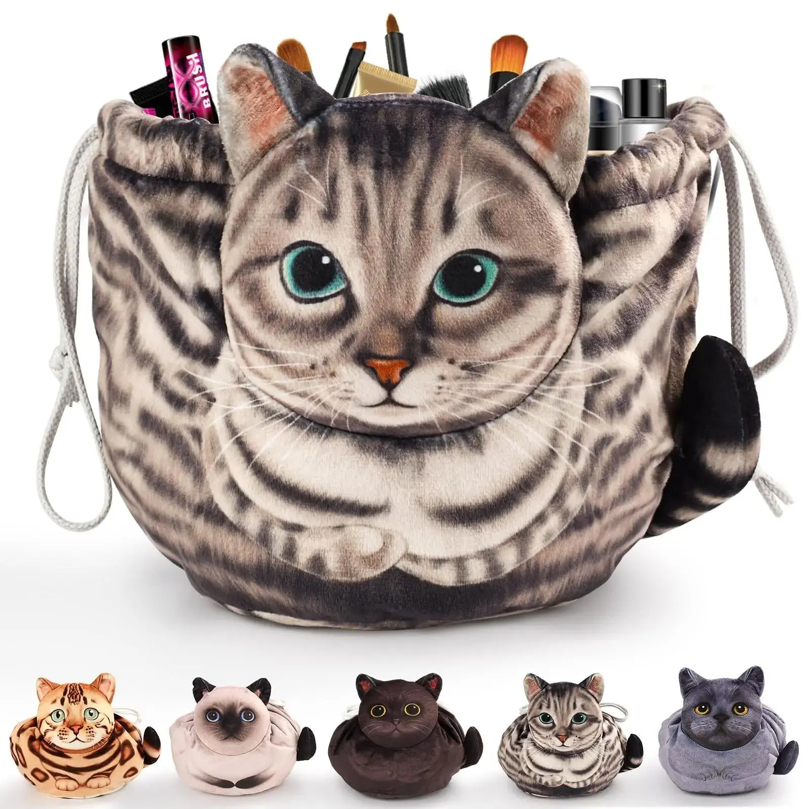 Cute Reusable Cat Lover Cosmetic Travel Bag - Drawstring Foldable Lay-Flat Base Makeup Pouch for Purse, Portable Toiletry Holder, Holiday Gift for Women (Sports & Outdoor Essentials)