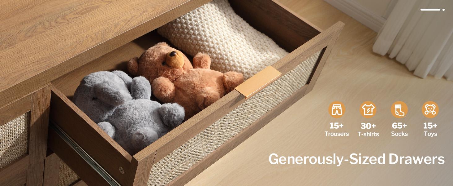 SICOTAS Rattan Dresser for Bedroom, 17.7" x 56.9" x 31.3" Size 6 Drawer Dresser with Ample Storage,Unique Engineered Wood Dressers Large Chest of Drawers for Nursery, Closet, Boho TV Stand for Bedroom, Sturdy and Durable, Easy Installation