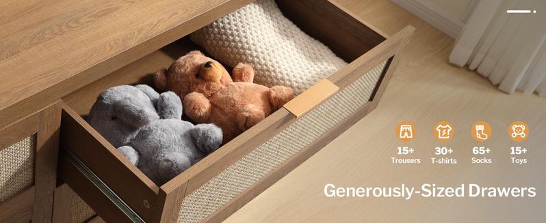 SICOTAS Rattan Dresser for Bedroom, 17.7" x 56.9" x 31.3" Size 6 Drawer Dresser with Ample Storage,Unique Engineered Wood Dressers Large Chest of Drawers for Nursery, Closet, Boho TV Stand for Bedroom, Sturdy and Durable, Easy Installation