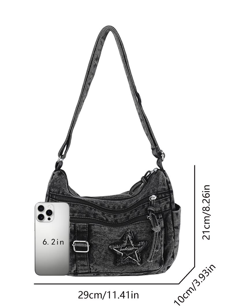 Fashion trend casual Joker shoulder messenger bag, Denim messenger bag, niche design retro wash jeans craft commuter shoulder messenger bag, personality versatile  multi-zipper design suitable for student ， shopping， trips and so on.