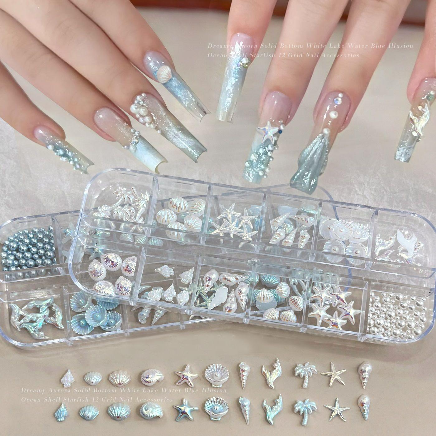 Light Blue Nail Charm Set - Pearl Starfish Shell Nail Pressing DIY Accessory Kit, Ocean Mermaid Style Acrylic Fake Tips, Perfect for Halloween, Christmas, New Year Party Nail Decoration
