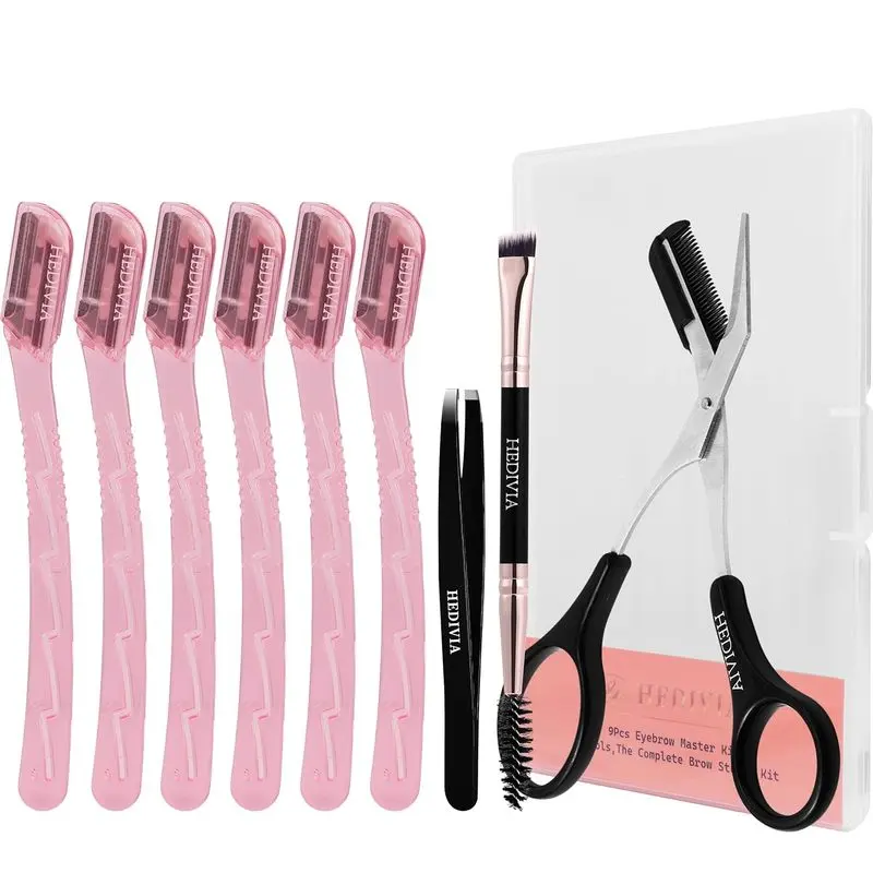 9 Pcs Professional Eyebrow Razor for Women Kit,Face Razors for Women Dermaplaning,Dermaplane Razor for Women Face, Womens Disposable Razors for Women with 6 Small Razors Set(Pink)