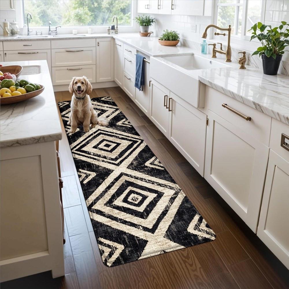1PC， Black and White Diamond Geometry Patterned strip rugs, home décor, bathroom mats, entryway mats, bathroom non-slip mats, indoor entrance rugs, bedroom bedside mats, kitchen mats, hallway rugs, flannel sponge rugs, hallway runner rugs