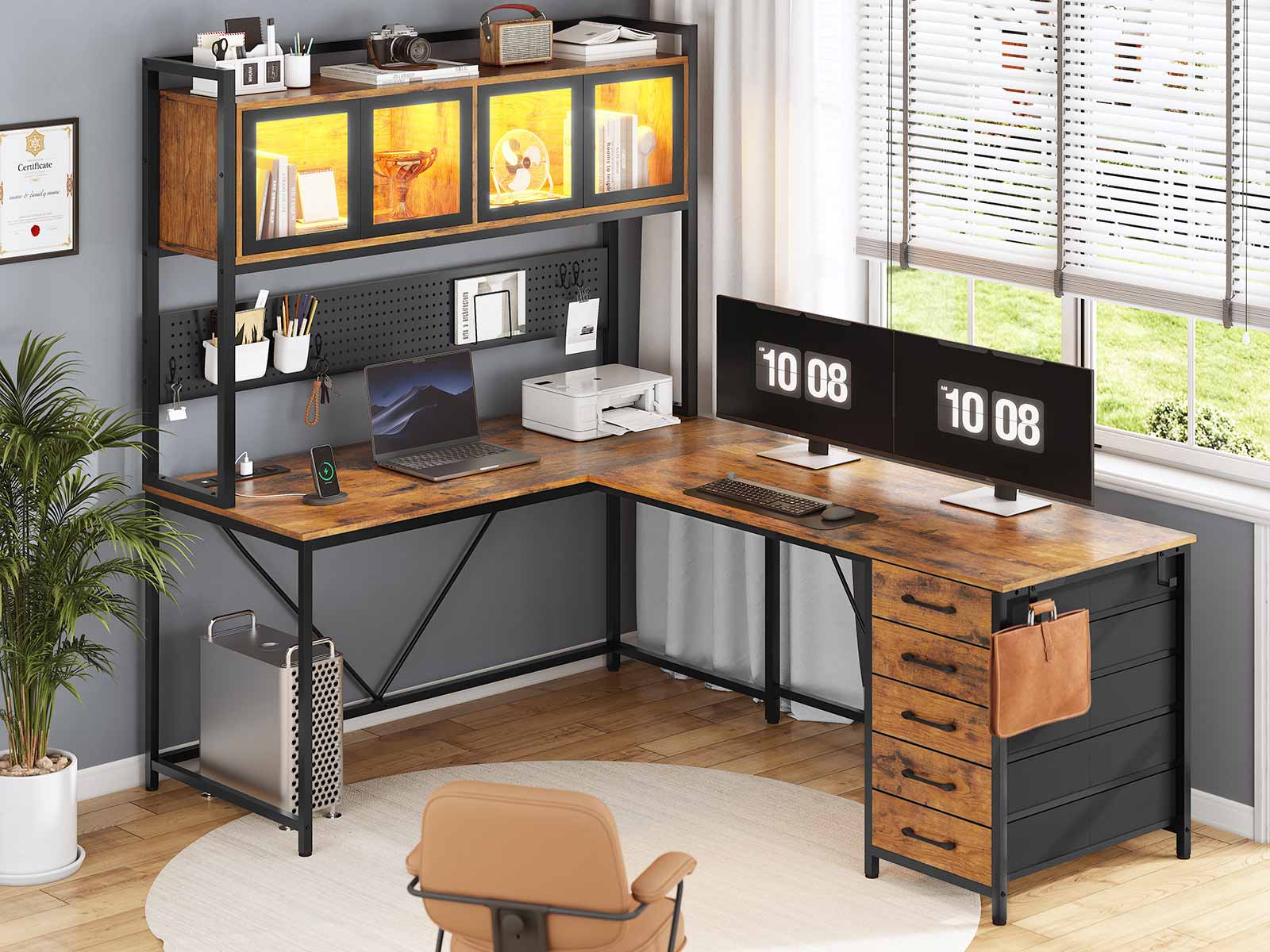 SEDETA L-Shaped Computer Desk with Storage Home Office Desk LED L-Shaped Gaming Desk with Storage