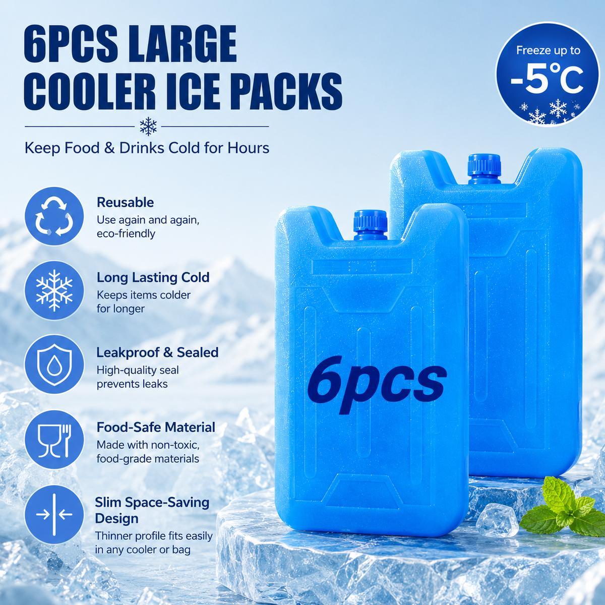 6pcs Cooler Ice Packs - Reusable (-5 C) Space-Saving Slim, Cold, Dry, Freezer Packs For Cooler Bags, Food Beverage, Refrigerator, Air Conditioner Fan, Lunch Boxes, Bento, Beach, Camp