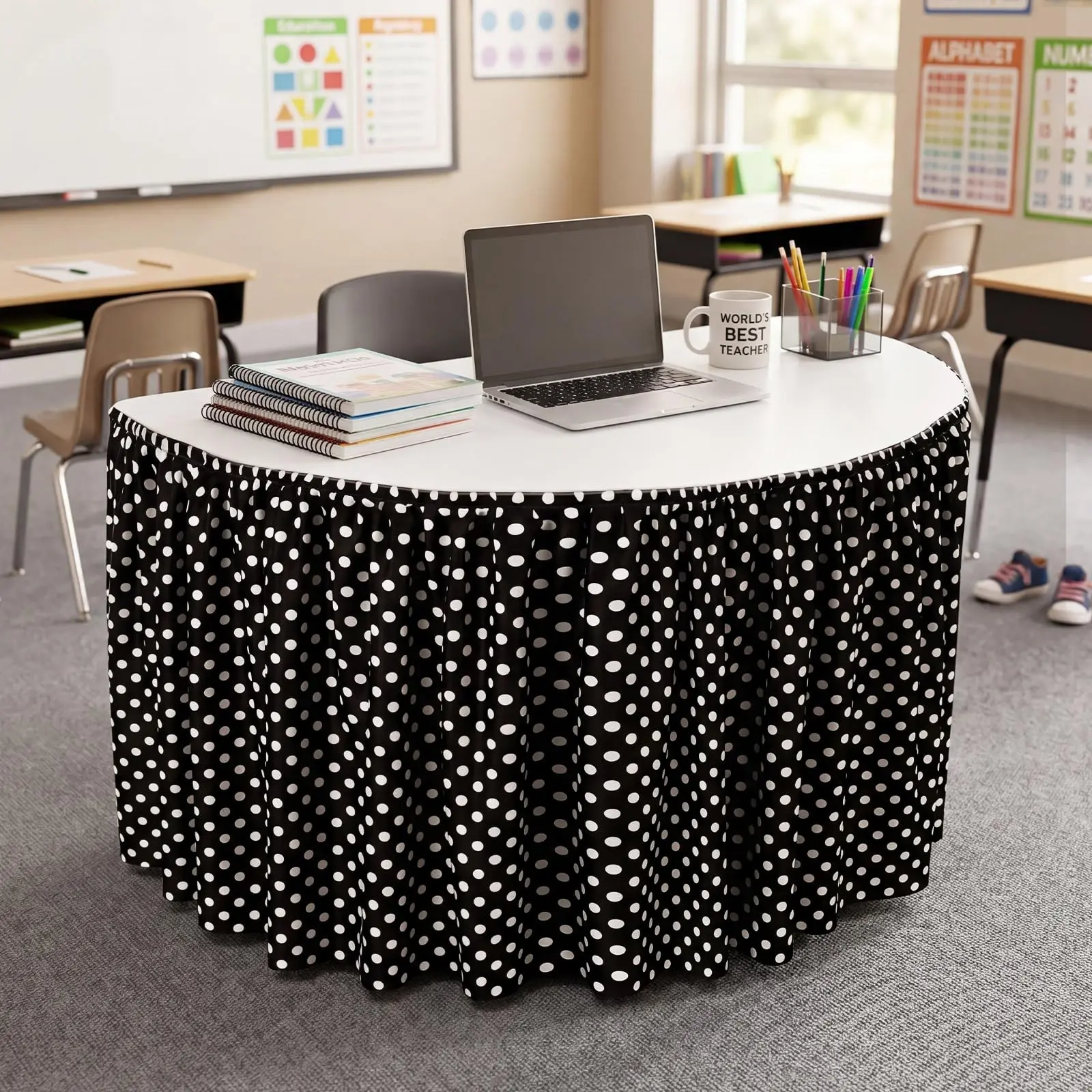 6 Feet Polka Dot Table Skirt, Bohemian Wrinkle Tablecloth, Classroom Supplies, Round and Rectangular Tables, Back-To-School Essentials