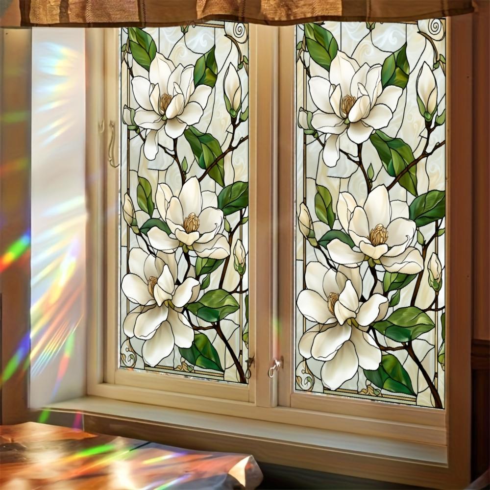 2D Flat Static Cling Magnolia Flower Pattern Rectangular Ornament For Window And Door Decor Removable Flower Window Clings