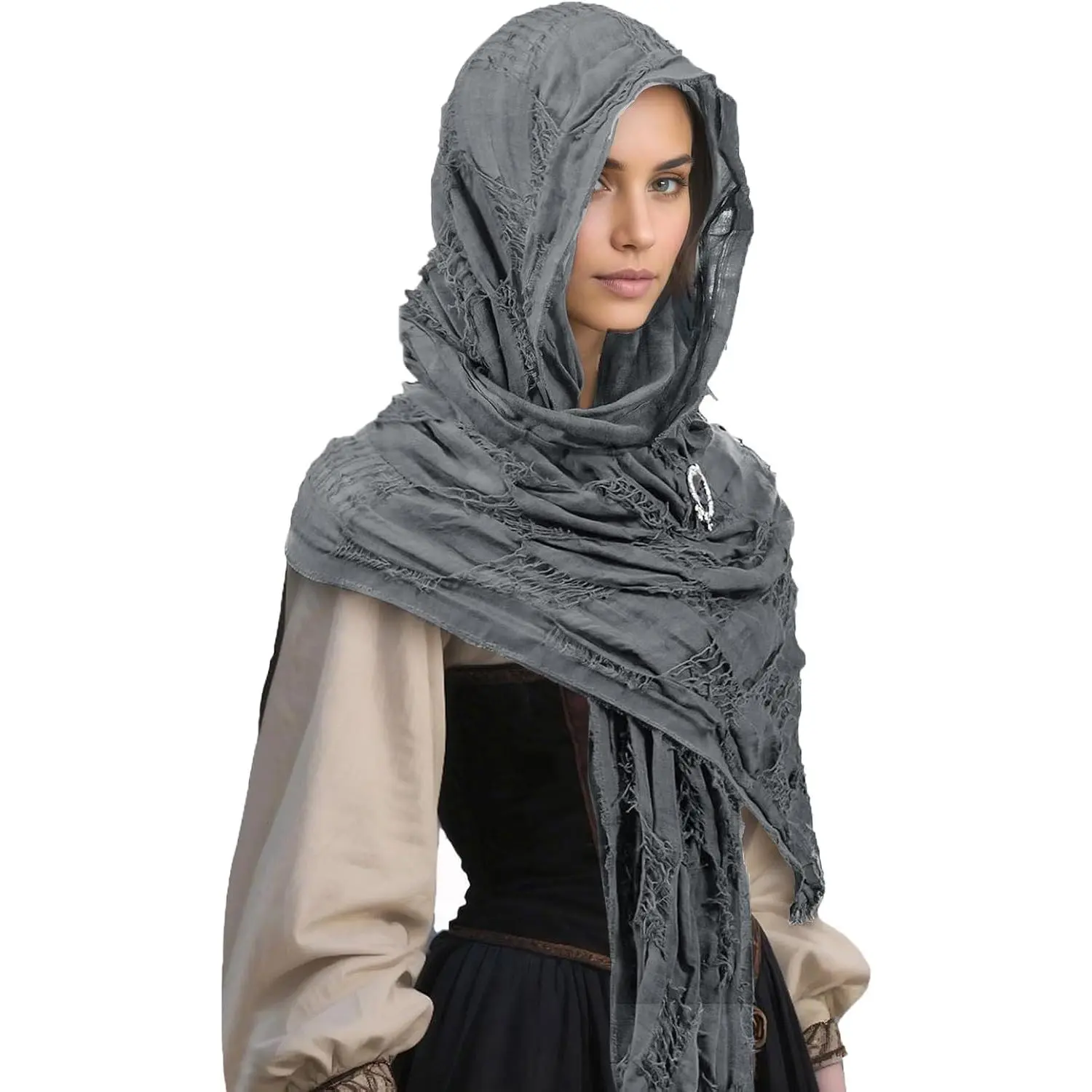 Medieval Viking Tattered Scarf Shawl Brooch Set, Halloween Cosplay Renaissance Rogue Shaman Wizard Cowl Scarf Wrap