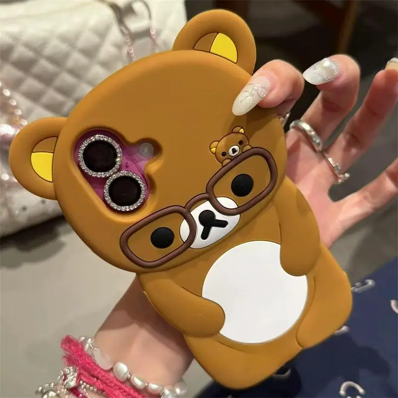 3D Rilakkuma Bear Glasses Soft Silicone Cartoon Phone Case, Multi-Model Accessories Fits iOS iPhone Series (16 Pro Max,15,14,13,12,11,X,XS,XR,8,7,6,6s Plus,SE), One-Piece