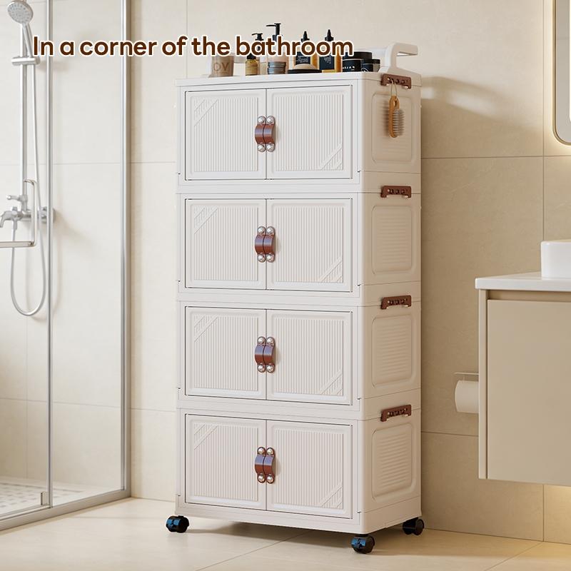 Modern Simple Style Plastic Storage Cabinet, 2-6 Layers, with Wheels, Easy to Clean, Dustproof, Ideal for Bedroom and Daily Use