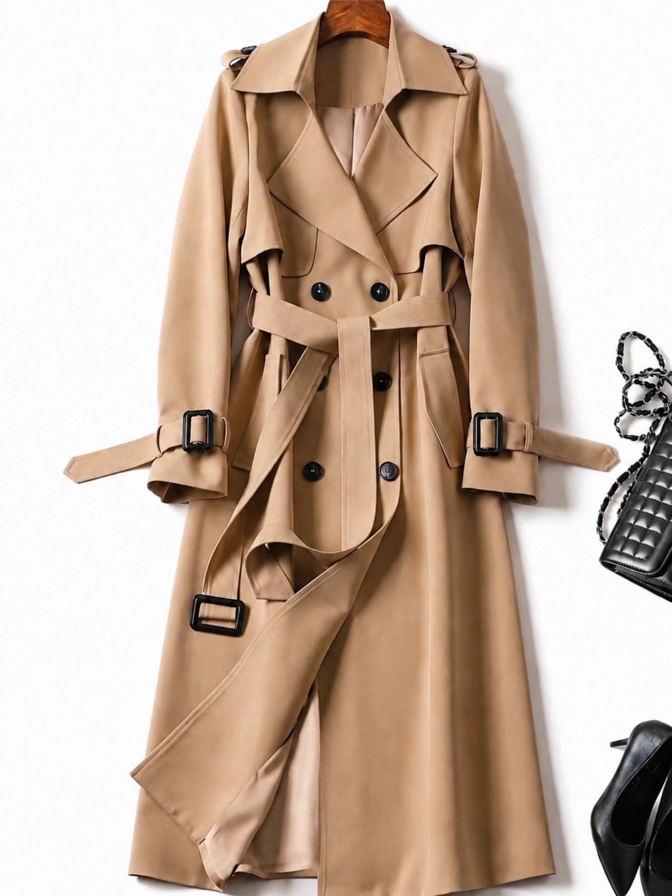 Women’s Long Trench Coat, Double Breasted Belted Overcoat with Lapel Collar and Adjustable Cuffs, Elegant Fall Business Casual Outerwear