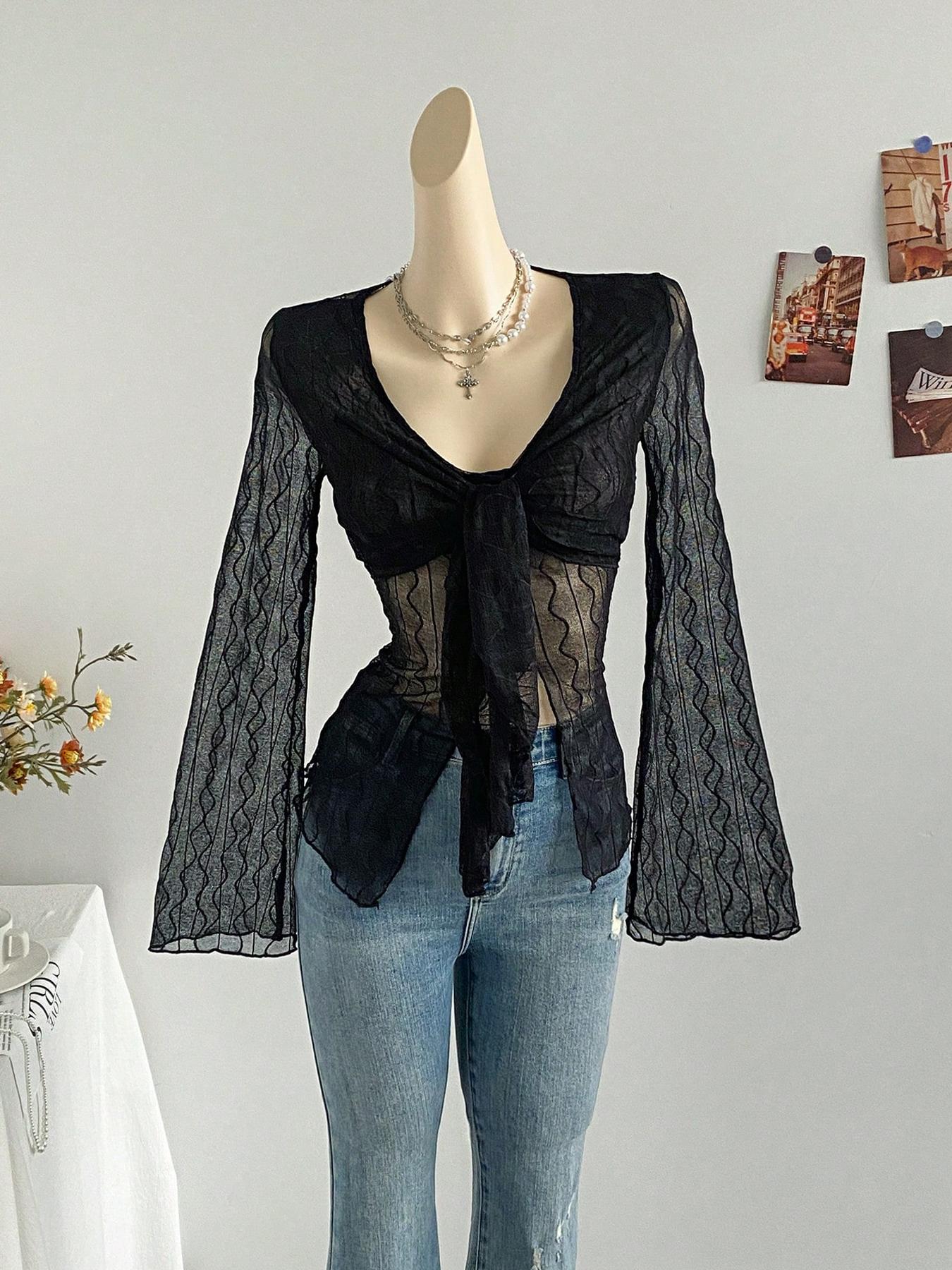 Women's Cute Sexy Button Tie Lace Top, Summer Woven Thin Fabric Loose Fit Blouse, Casual Fashionable Ladies' Clothing