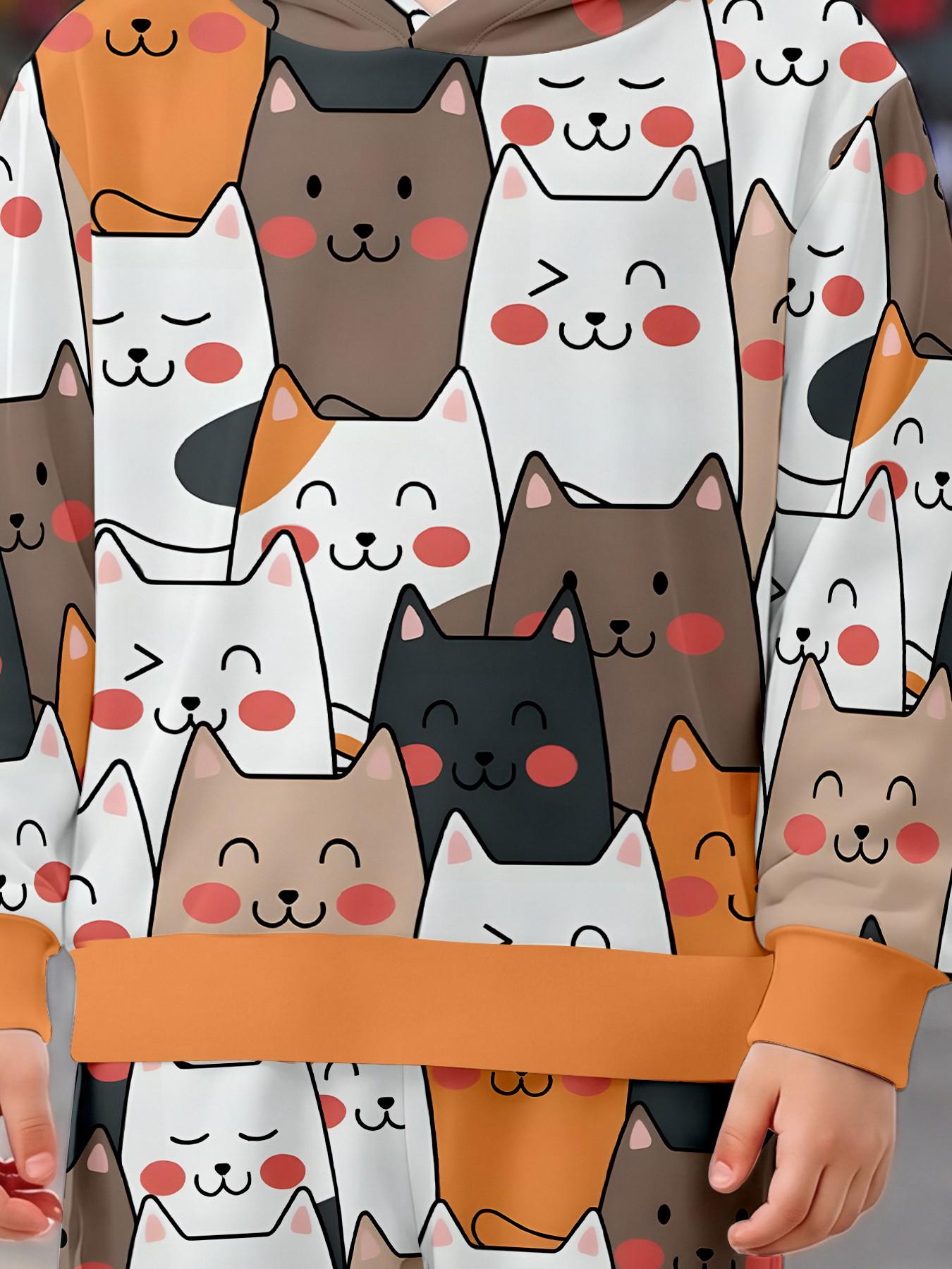Full Color Cartoon Cat Print Sweatpants Set, Ribbed Hem, Unisex Kids' Long Sleeve Loose Fit, Fall & Winter Casual Suit