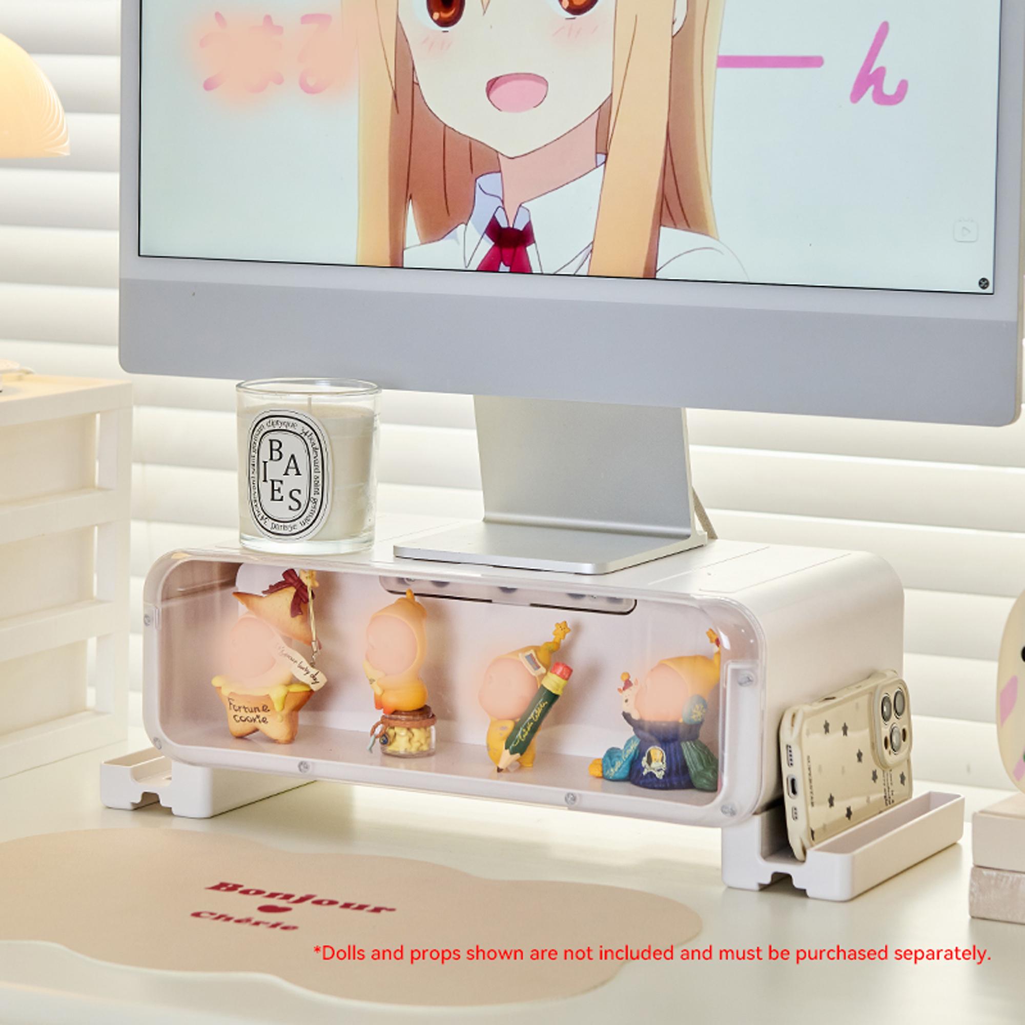 Desktop Monitor Riser with Transparent Showcase Drawer - Display Storage Organizer for Figures, Cosmetics, Office Supplies, Desk Decor & Desk Tidy
