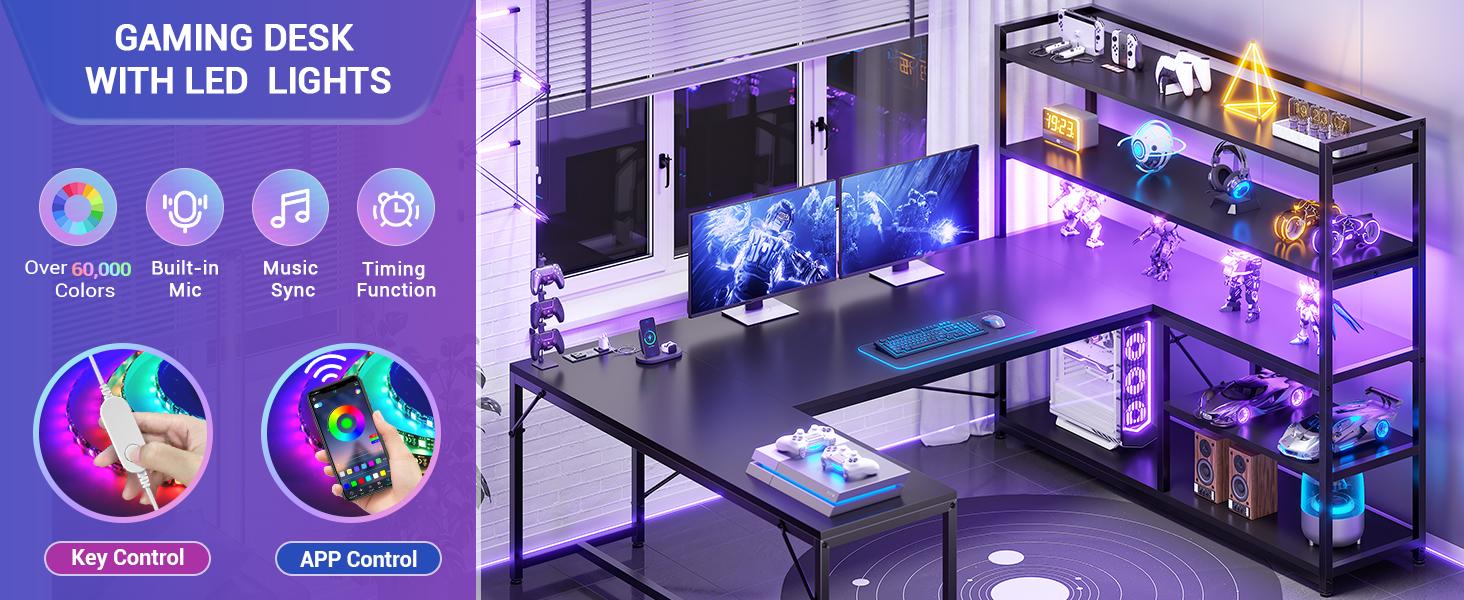 SEDETA 63 Inch Reversible Office Computer Desk L Shaped Gaming Desk with LED Lights Power Outlet 5-tier Storage Shelves Organizer Modern