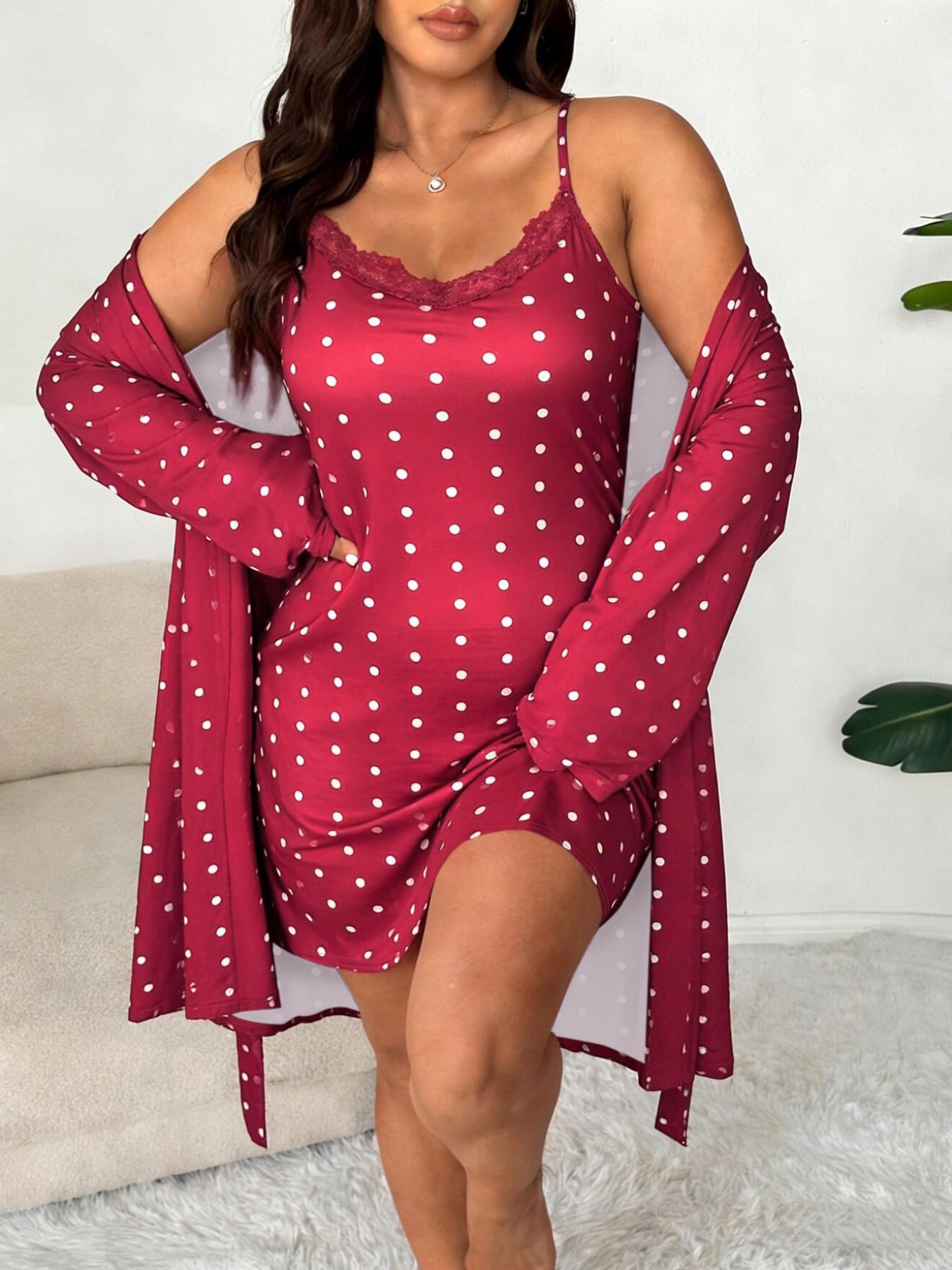 Plus Size Women's Nightwear Set, Floral Print Lace Nightdress + Long Robe, Comfortable Soft Home Sleepwear, Casual Fitted Style