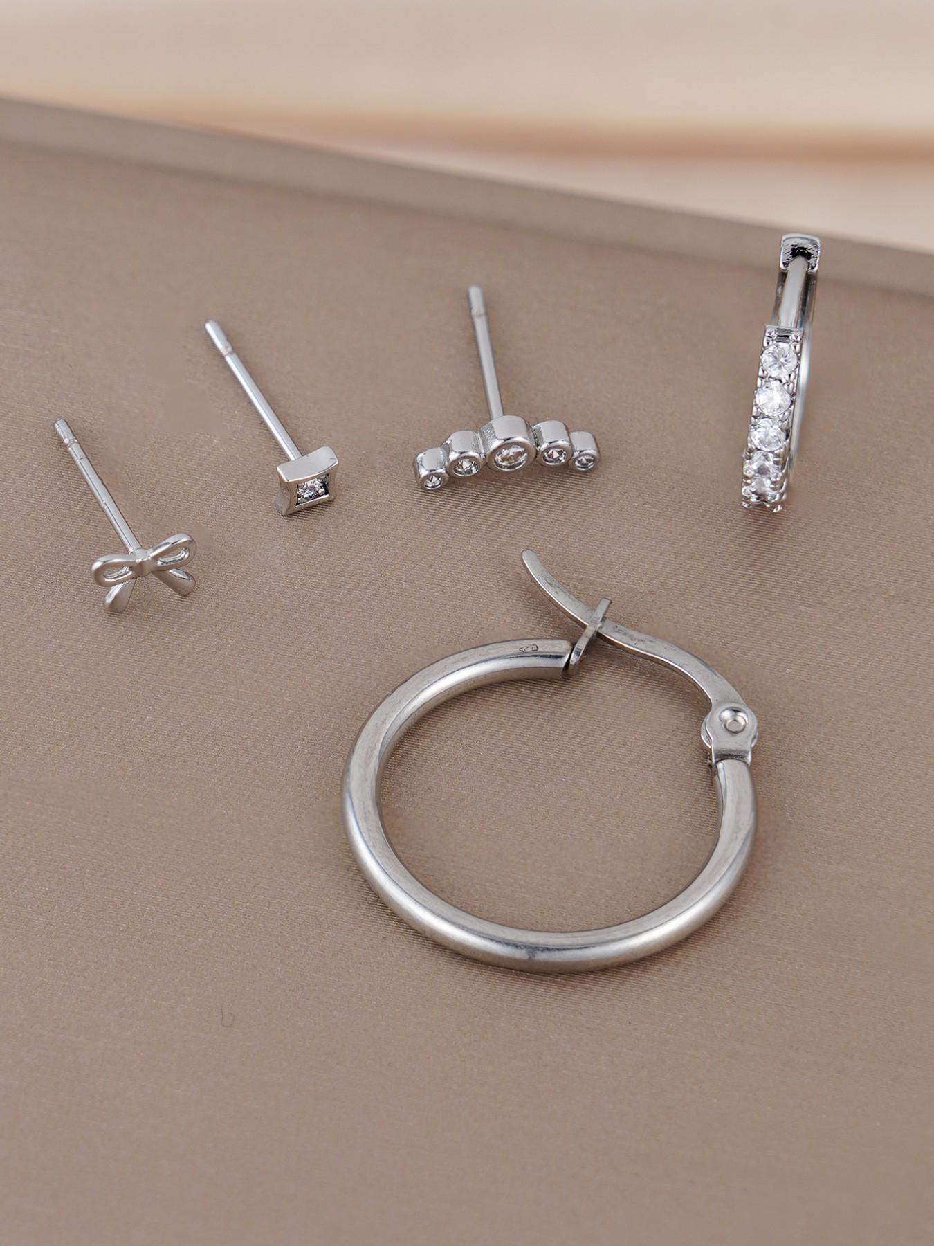 Women's Silver Color Bow Earrings Set, Perfect for Daily Wear & Music Festivals, Stylish Stackable Jewelry Accessories