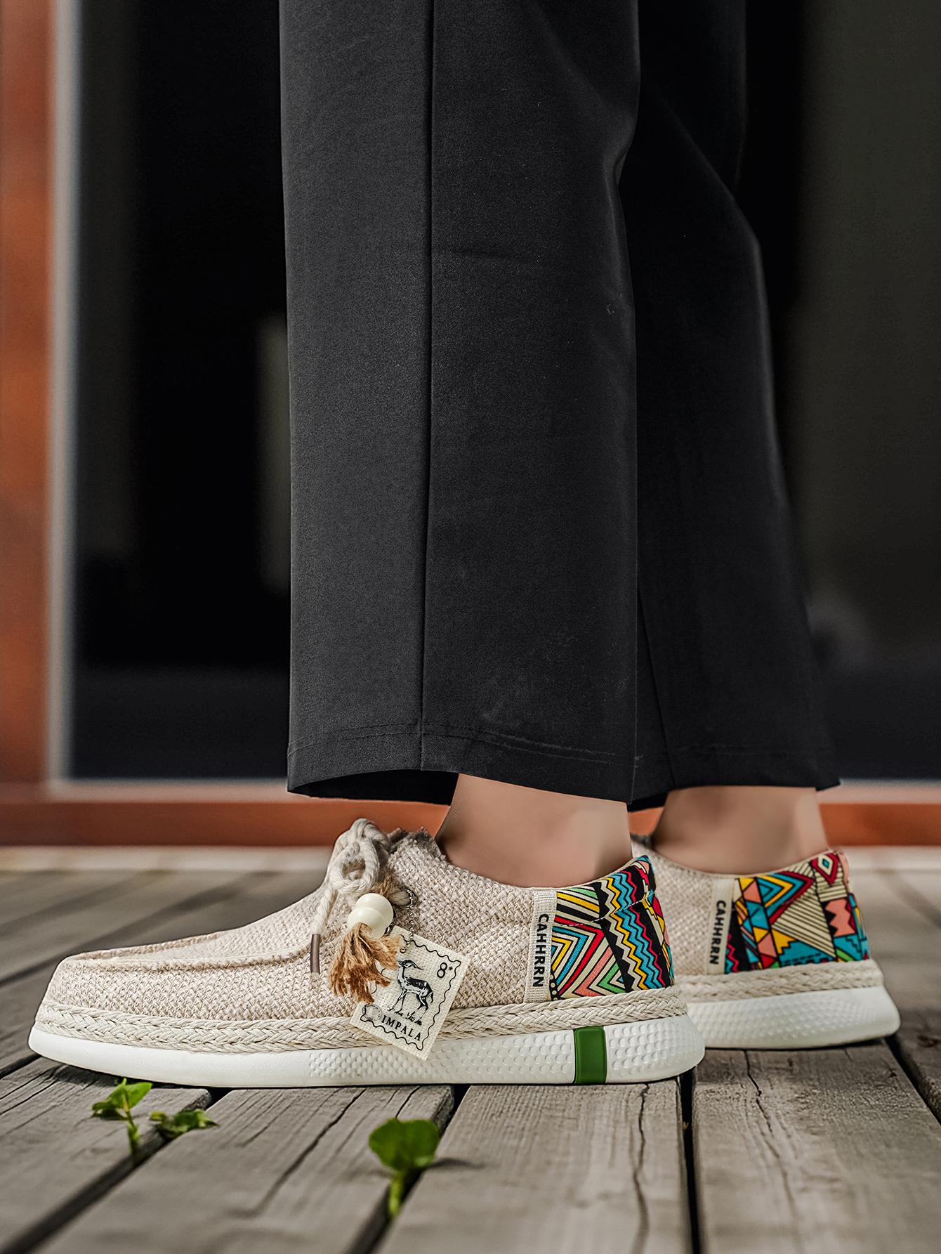 Summer New Men's Linen Shoes, Breathable Non-Stuffy, Colorblock Geometric Pattern, Fringe Decor, Retro Ethnic Style, Comfortable Thick Sole