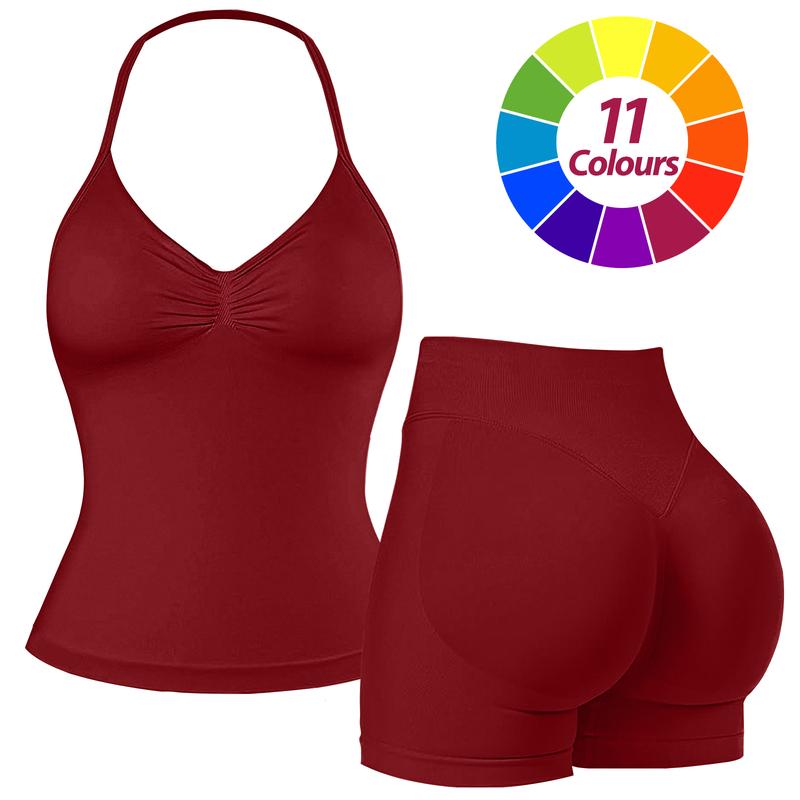 RICH BRIA Women's Seamless Halter Tank Top with High Waist Shorts Set for Yoga and Fitness, Breathable & Comfortable Activewear Summer Two-Piece Set