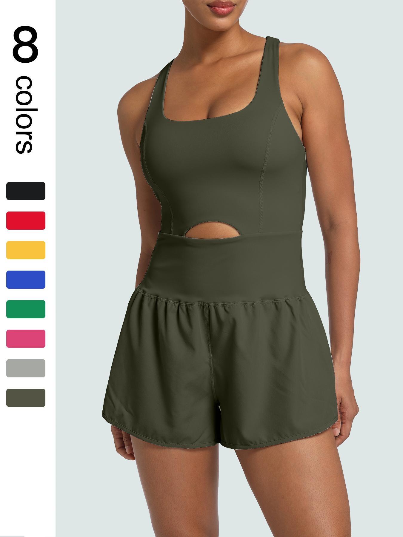 Women's Solid Color Cut Out Sports Romper, Sporty Romper, Casual Sleeveless Tank Romper, High Waisted Romper, Elastic Waist Romper, Workout Rompers, Exercise Rompers, Athletic Rompers for Yoga Gym Workout, Ladies Sportswear for All Seasons, Yoga Jumpsuits