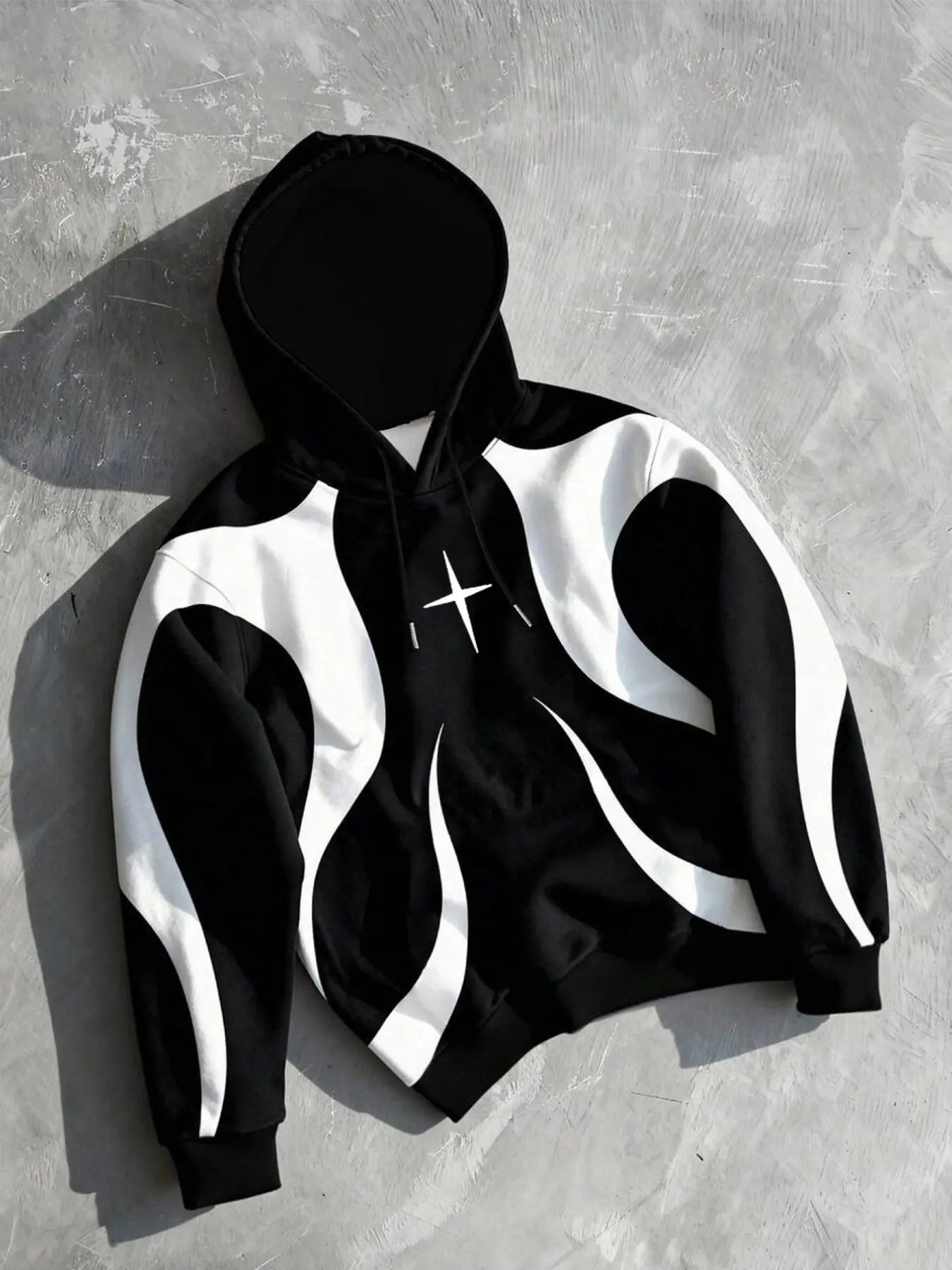 Men's Trendy American Dark Style Flame Wave Cross Knit Hoodie, Fall Winter Streetwear, Embroidered Long Sleeve Sweatshirt